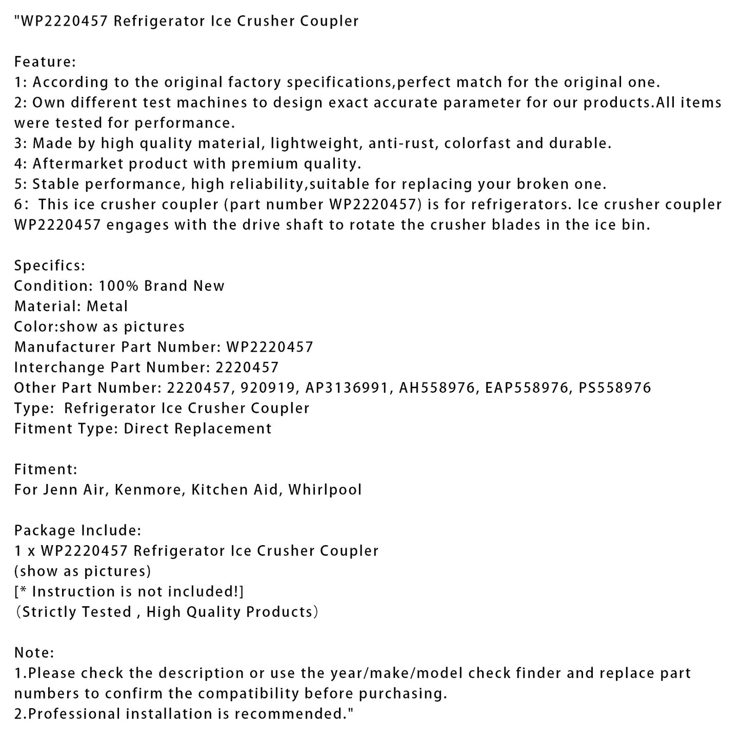 WP2220457 Refrigerator Ice Crusher Coupler