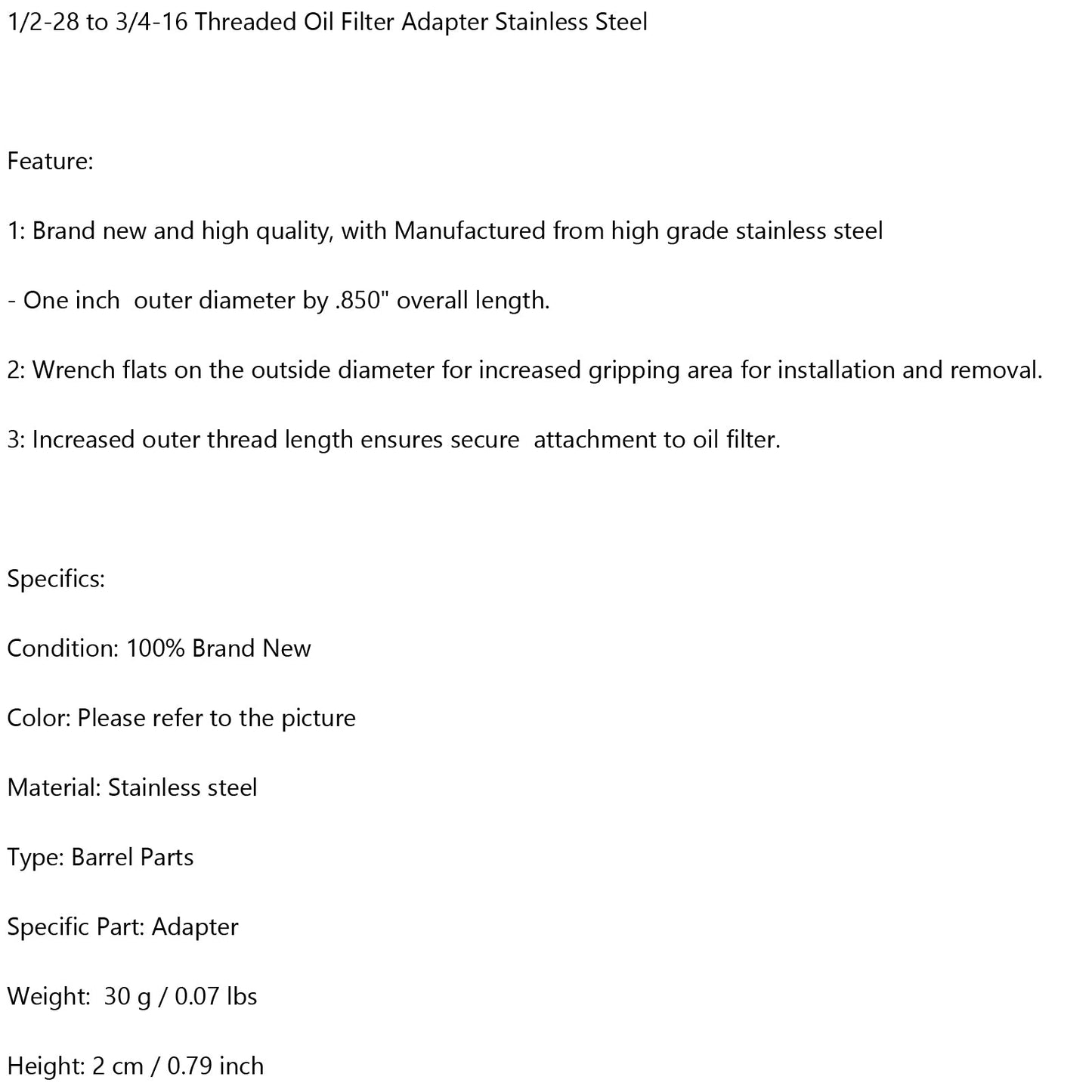 1/2-28 to 3/4-16 Threaded Oil Filter Adapter Stainless Steel