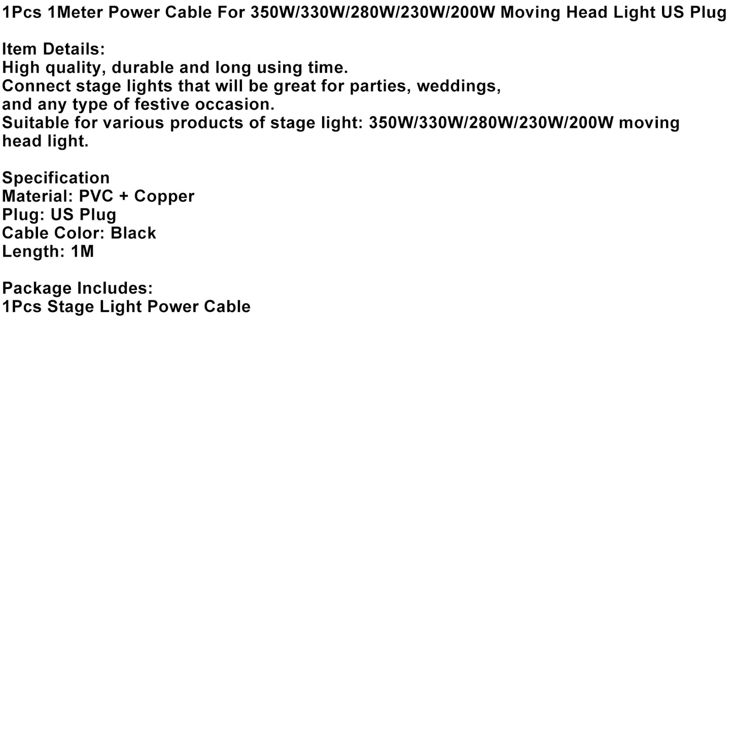 1Pcs 1Meter Power Cable For 350W/330W/280W/230W/200W Moving Head Light US Plug