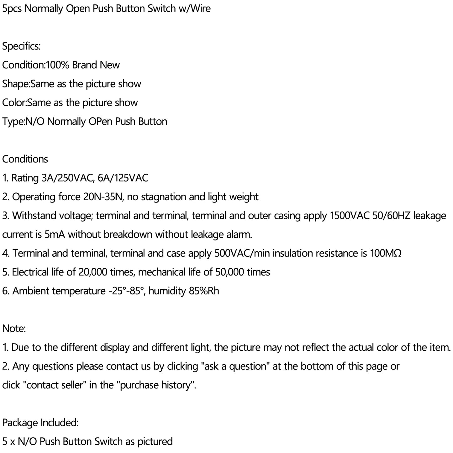 5pc Normally Open Momentary Self-resetting Push Button Reset Switch w/Wire Black