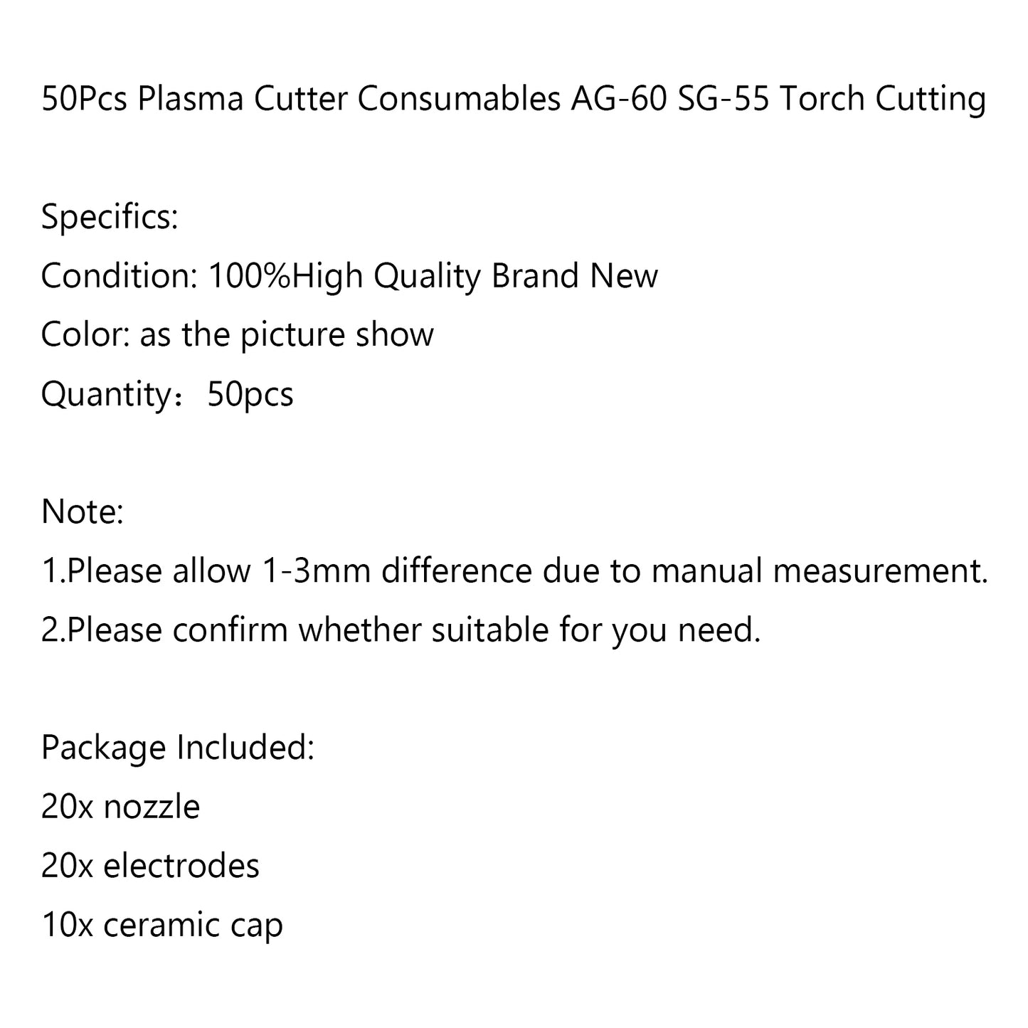 50Pcs Plasma Cutter Consumables AG-60 SG-55 Plasma Torch Cutting