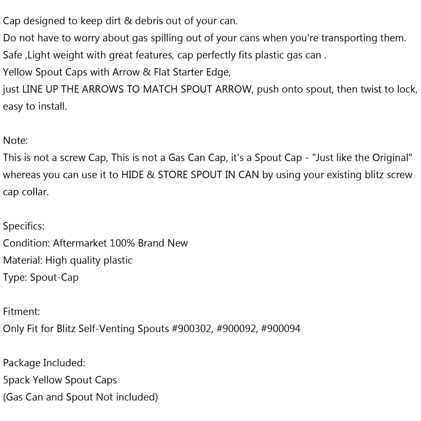 5x Replacement YELLOW SPOUT CAP Top For BLITZ Fuel GAS CAN 900302 900092 900094