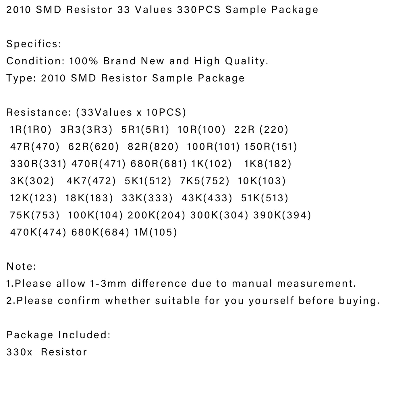 330PCS 2010 SMD Resistor Assorted Kit 1R-1M Ohm 5% 33 Values x 10PCS