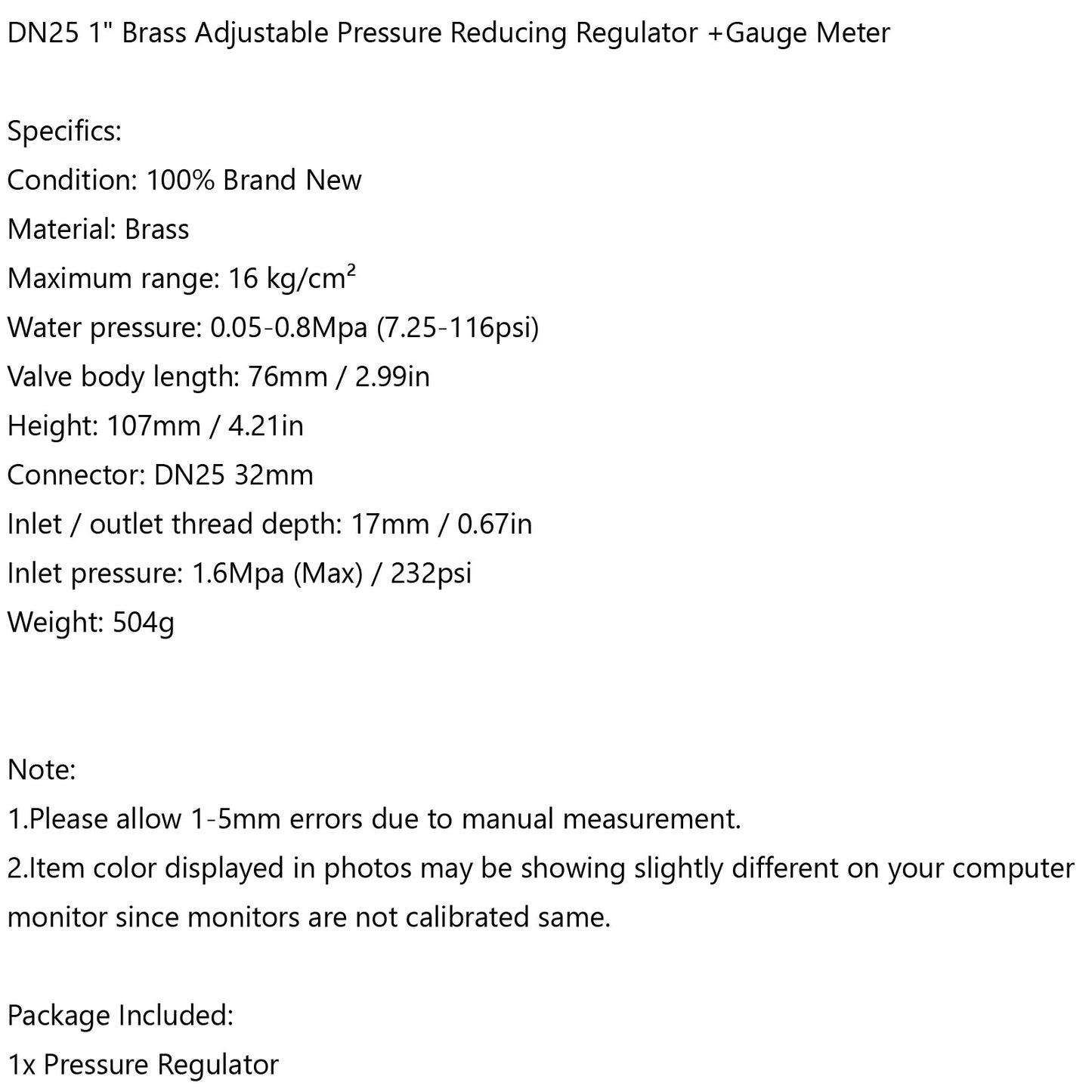 DN25 1" Brass Adjustable Water Pressure Reducing Regulator Valves With Gauge