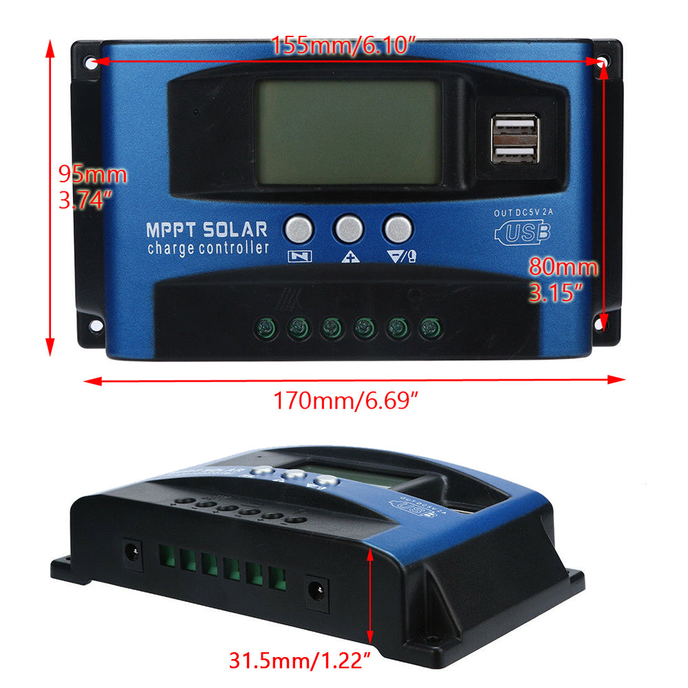 100A MPPT Solar Charge Controller 12V/24V Auto Detect Regulator with Dual USB Ports