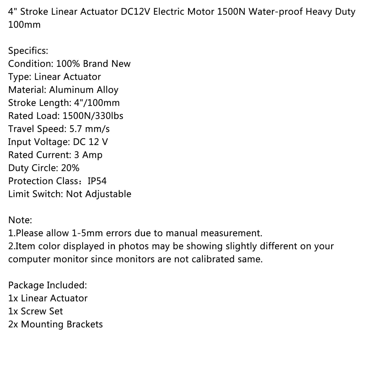 4"/100mm Heavy Duty Linear Actuator Snow Blower 12V Stroke 1500N Max Lift