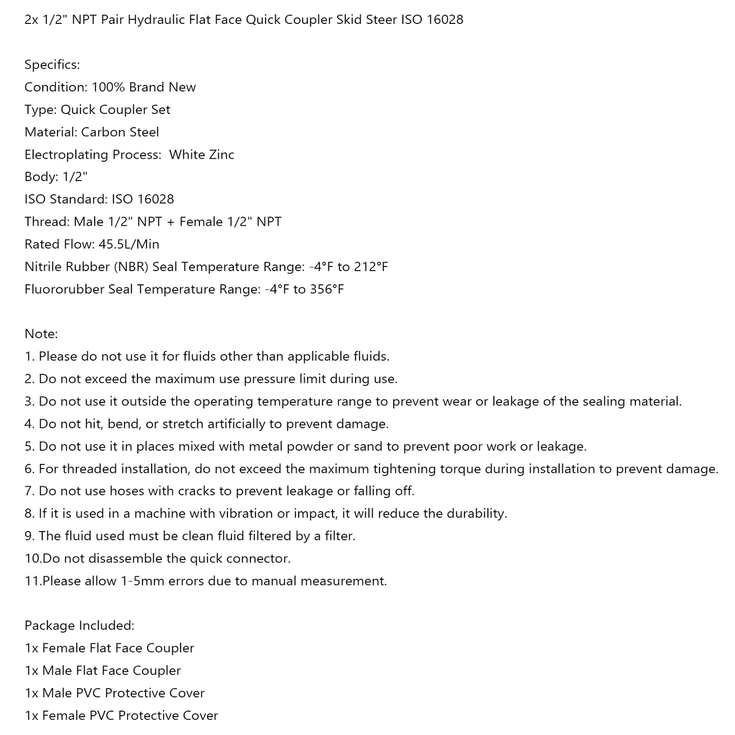 1/2 NPT Pair Hydraulic Flat Face Quick Coupler Skid Steer Fits Bobcat ISO 1602