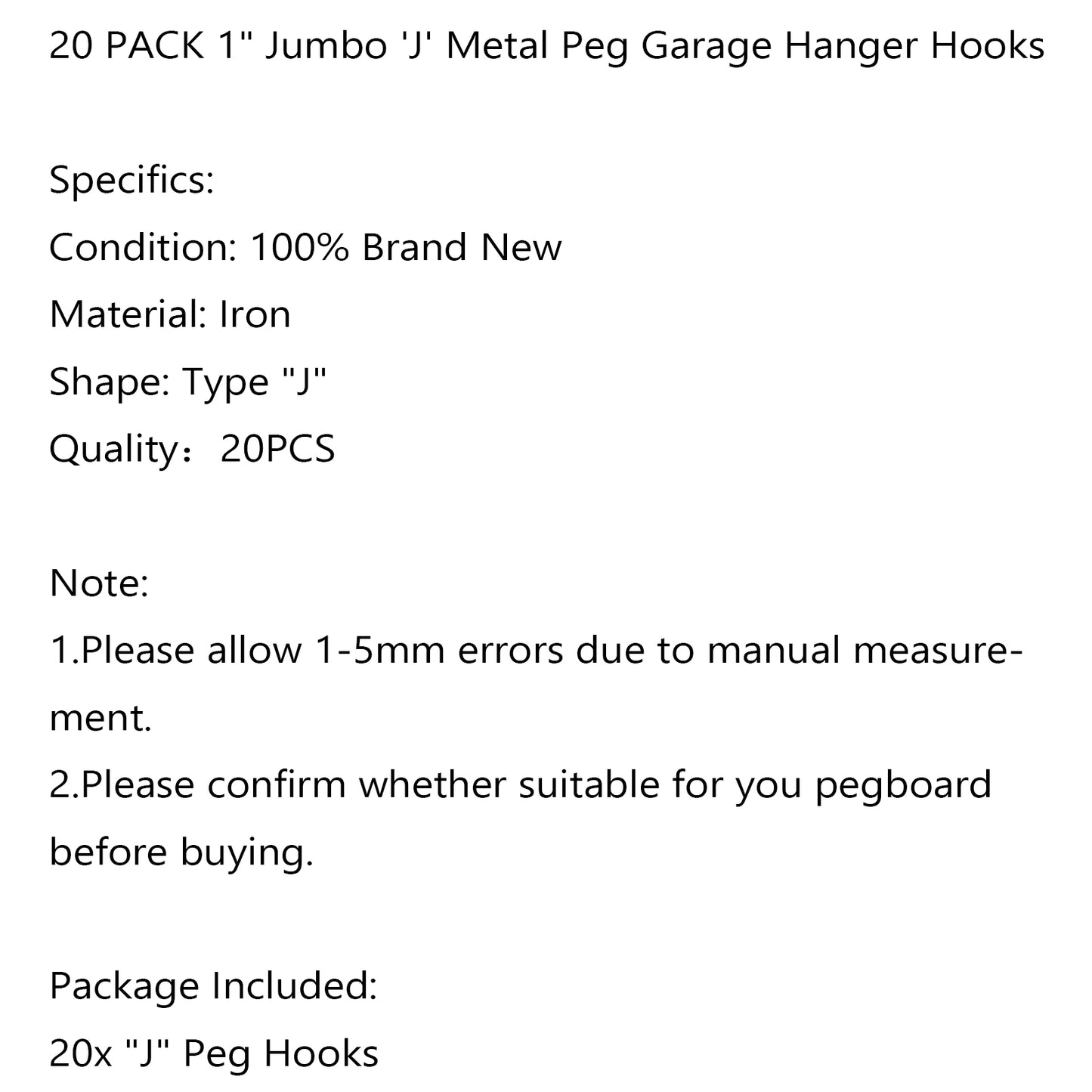 20 PACK 1" Jumbo 'J' Metal Peg Garage Hanger Hooks 1/8 to 1/4 Inch Pegboard