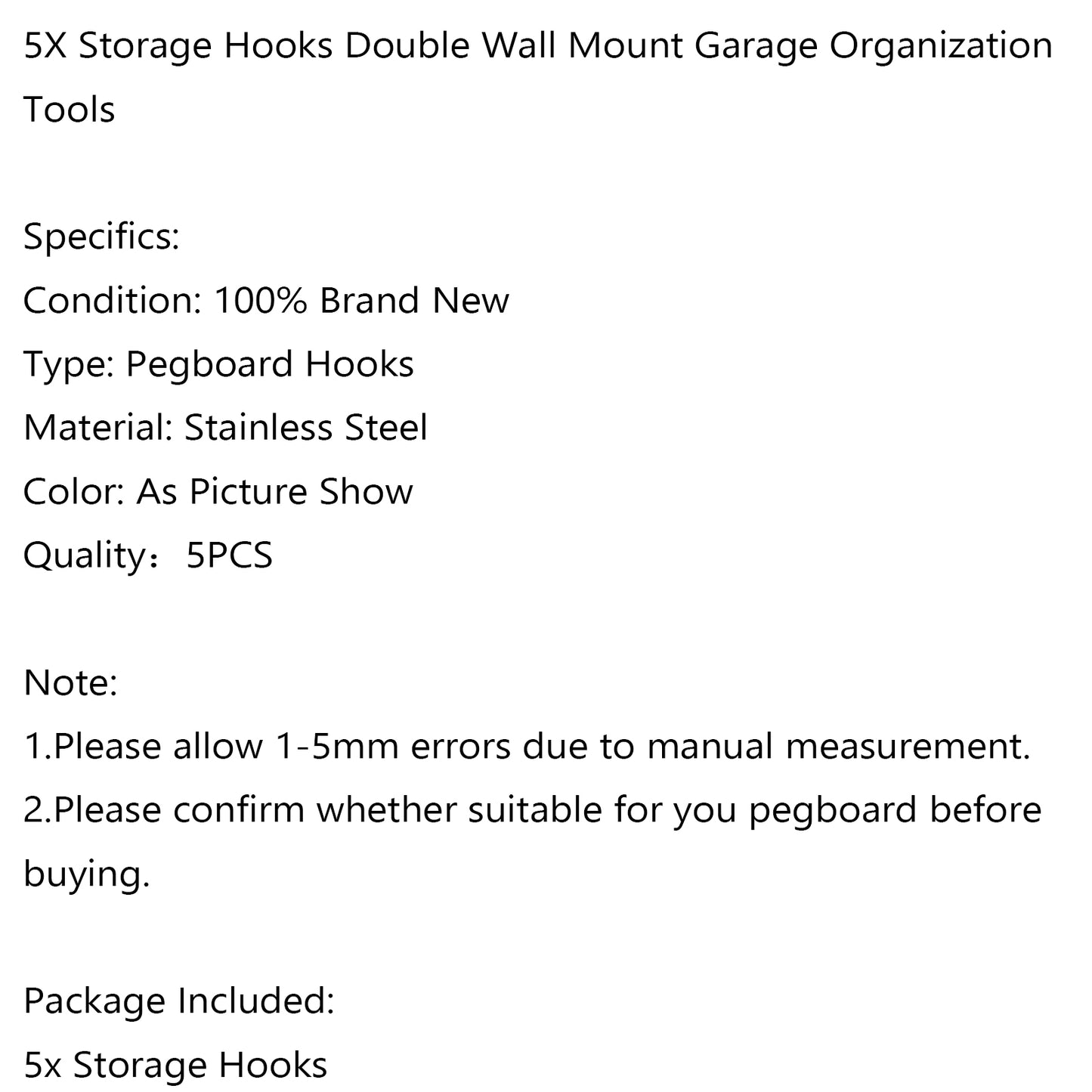 5PCS Heavy Duty Storage Hooks Double Wall Mount Garage Organization Tools