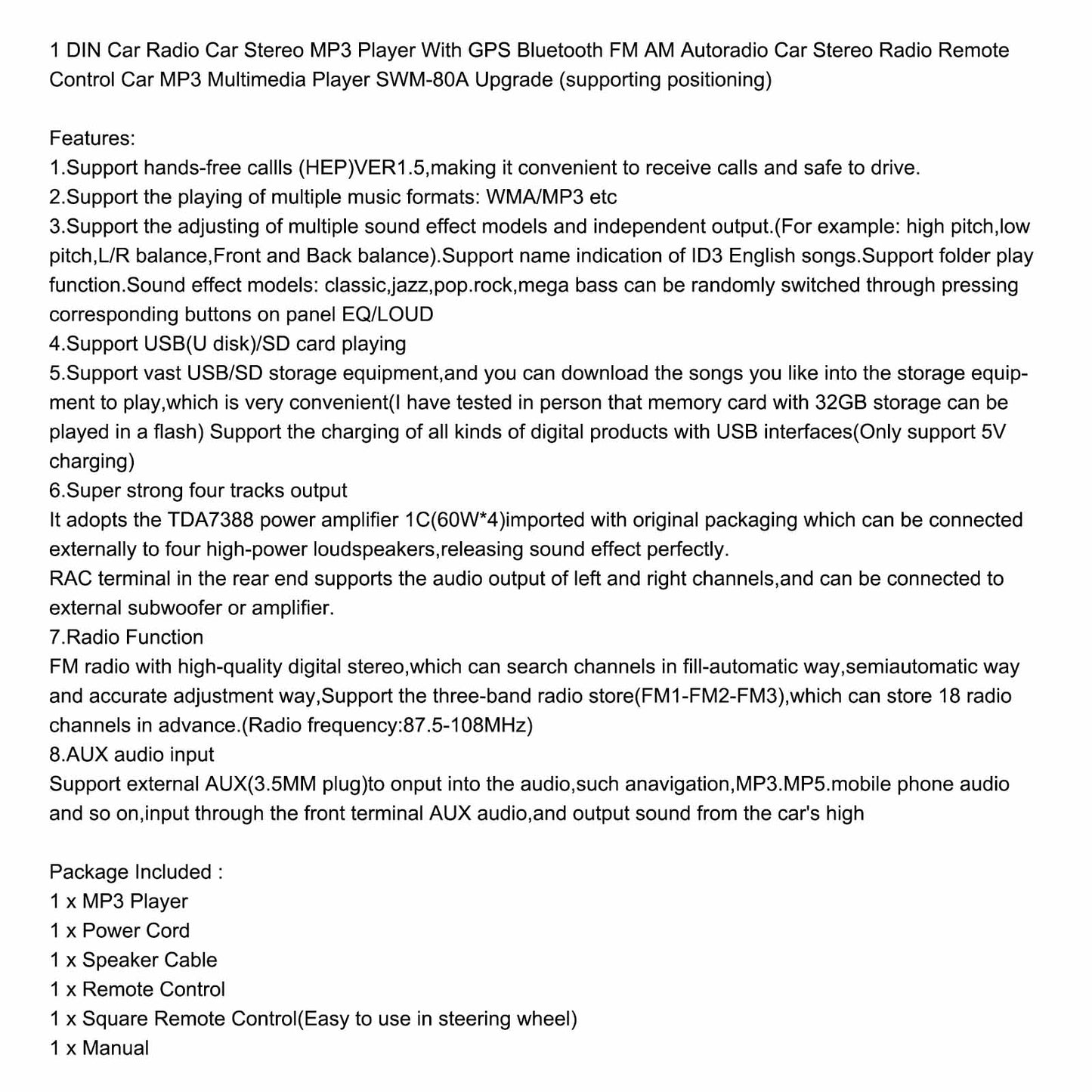 1 DIN Car Radio Car Stereo MP3 Player Bluetooth FM AM Autoradio SWM-80A Upgrade