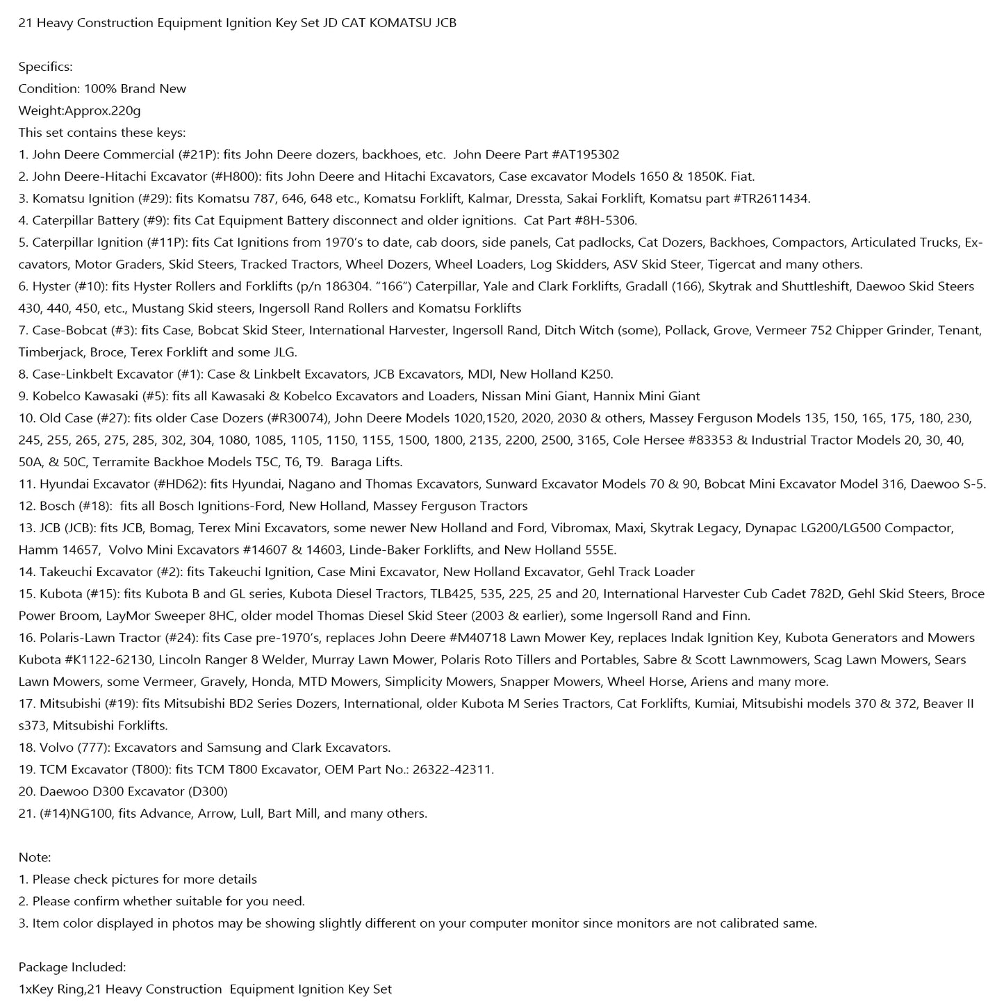 21 Heavy Construction Equipment Ignition Key Set For JD CAT KOMATSU JCB