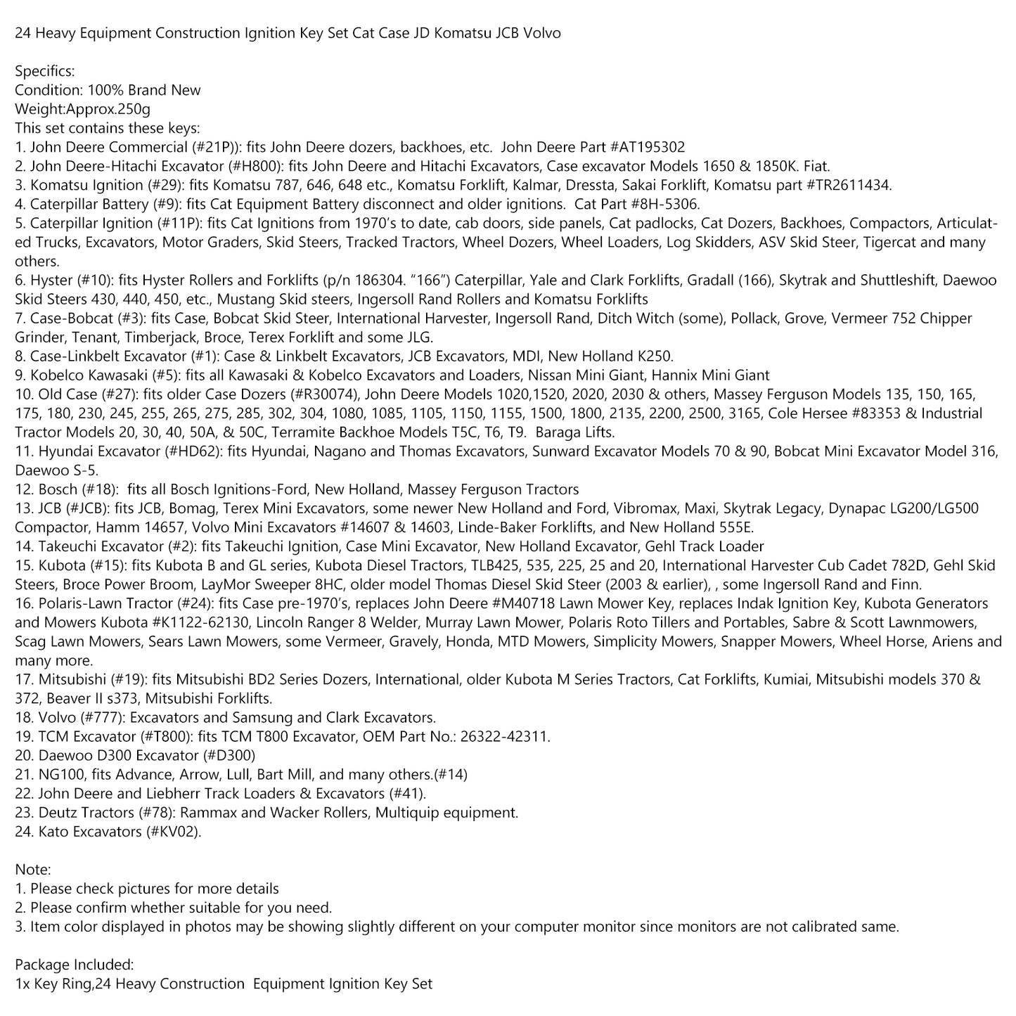 24 Ignition Key Heavy Construction Equipment Set For Volvo Cat JD Komatsu JCB UE