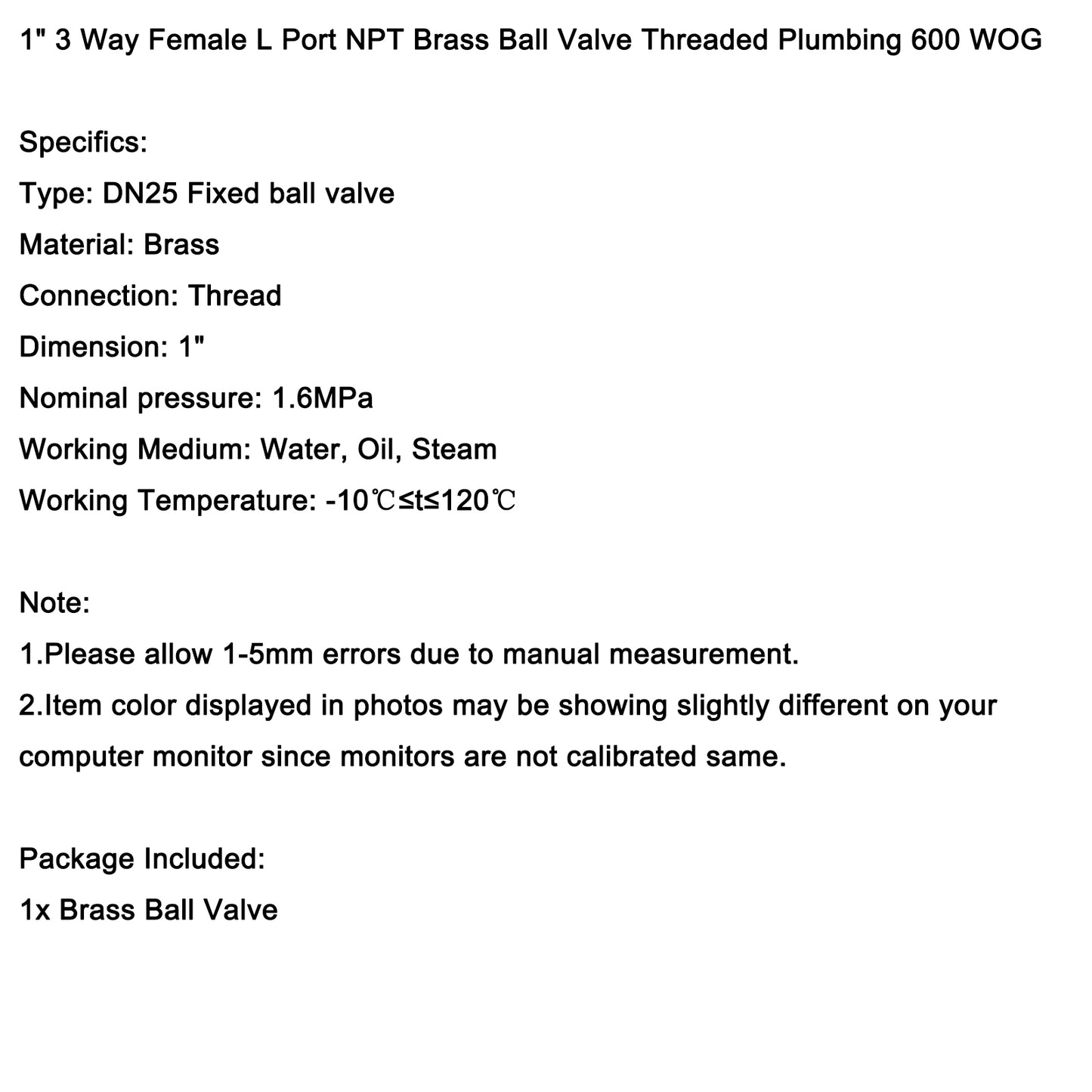 1" (DN25) 3-Way L-Port Brass Ball Valve, Female NPT, 600 WOG, with Vinyl Lever Handle