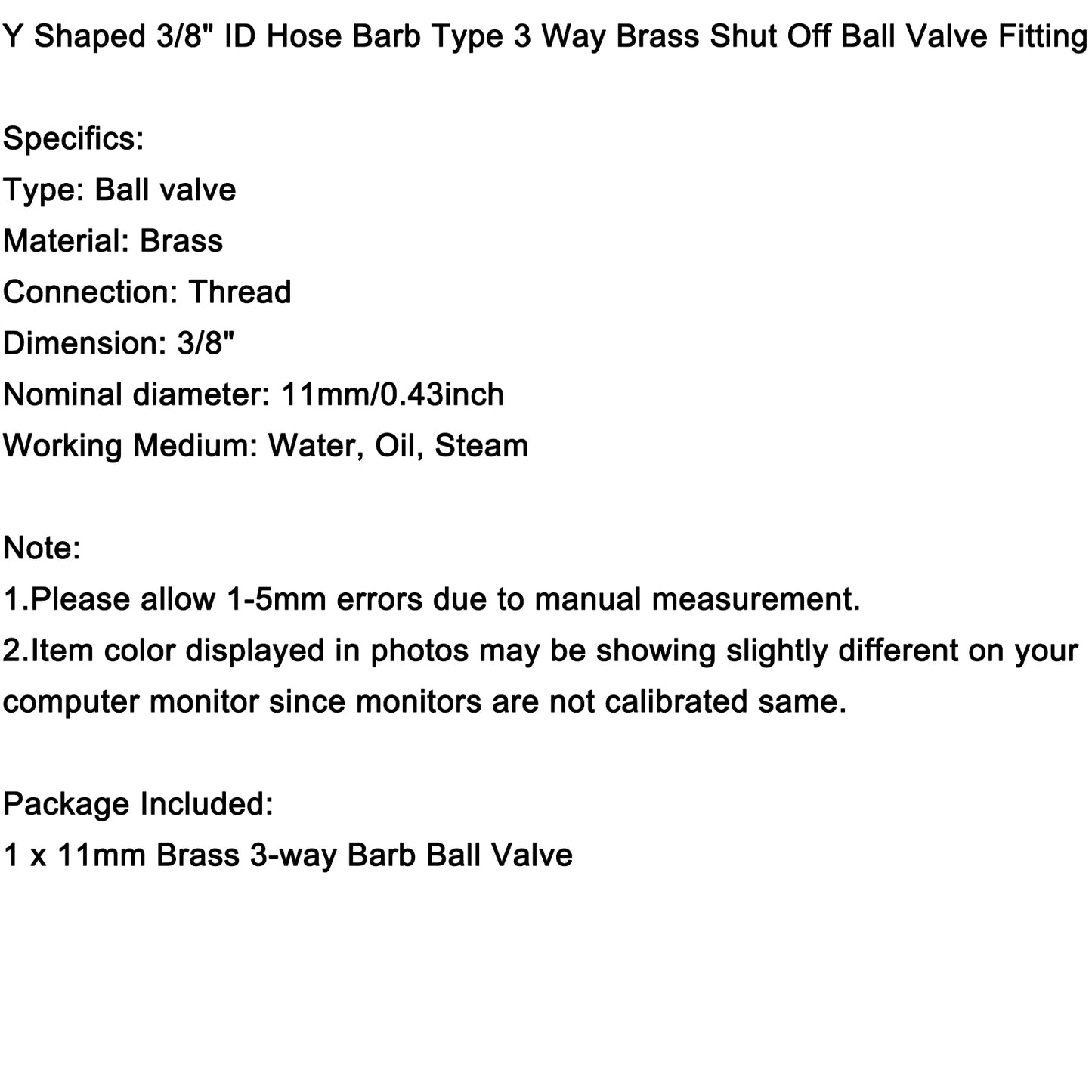 3/8" Y-Shaped Ball Valve Hose Barb 3 Way Connector Brass Fitting OD 11mm