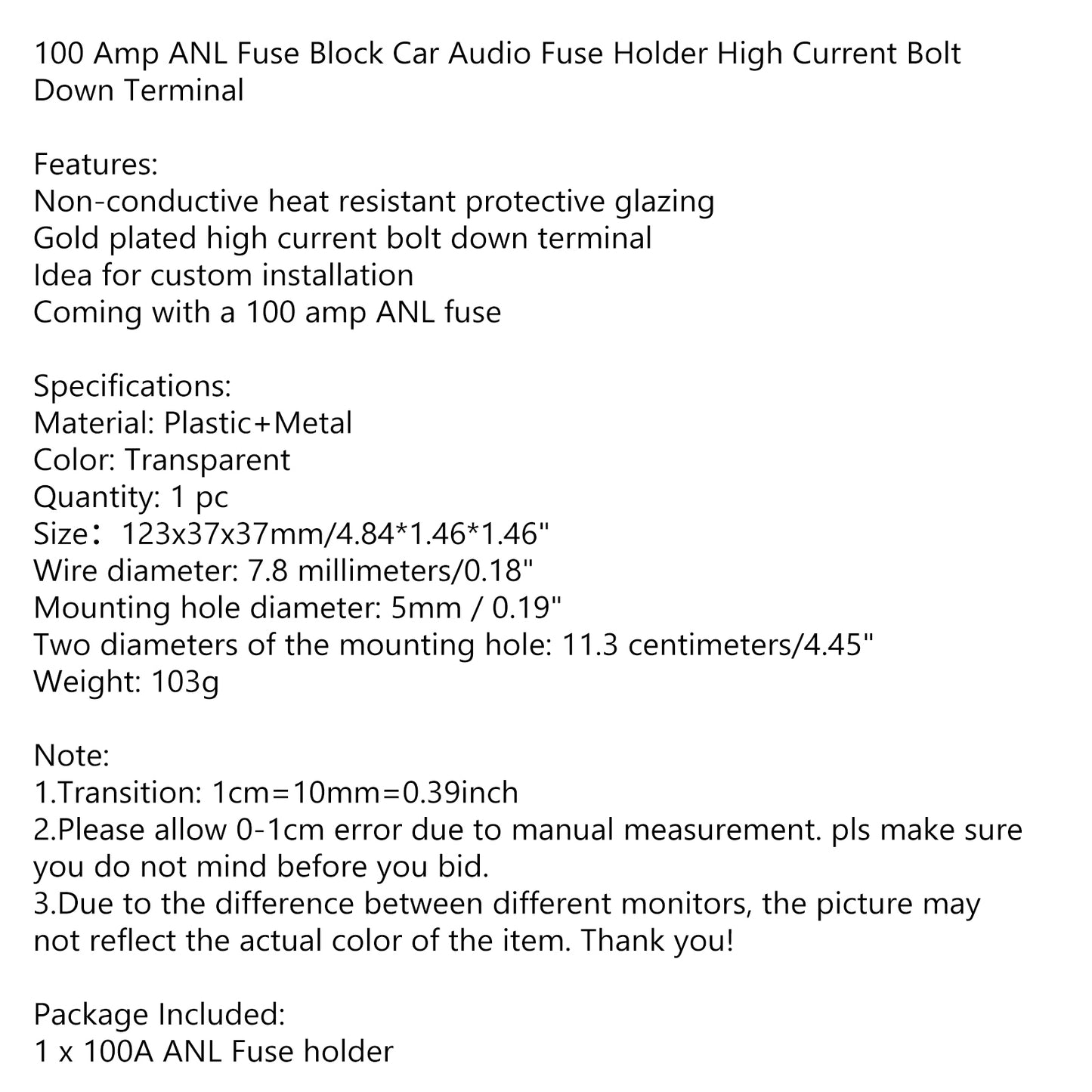 100 Amp ANL Fuse Block Car Audio Fuse Holder High Current Bolt Down Terminal