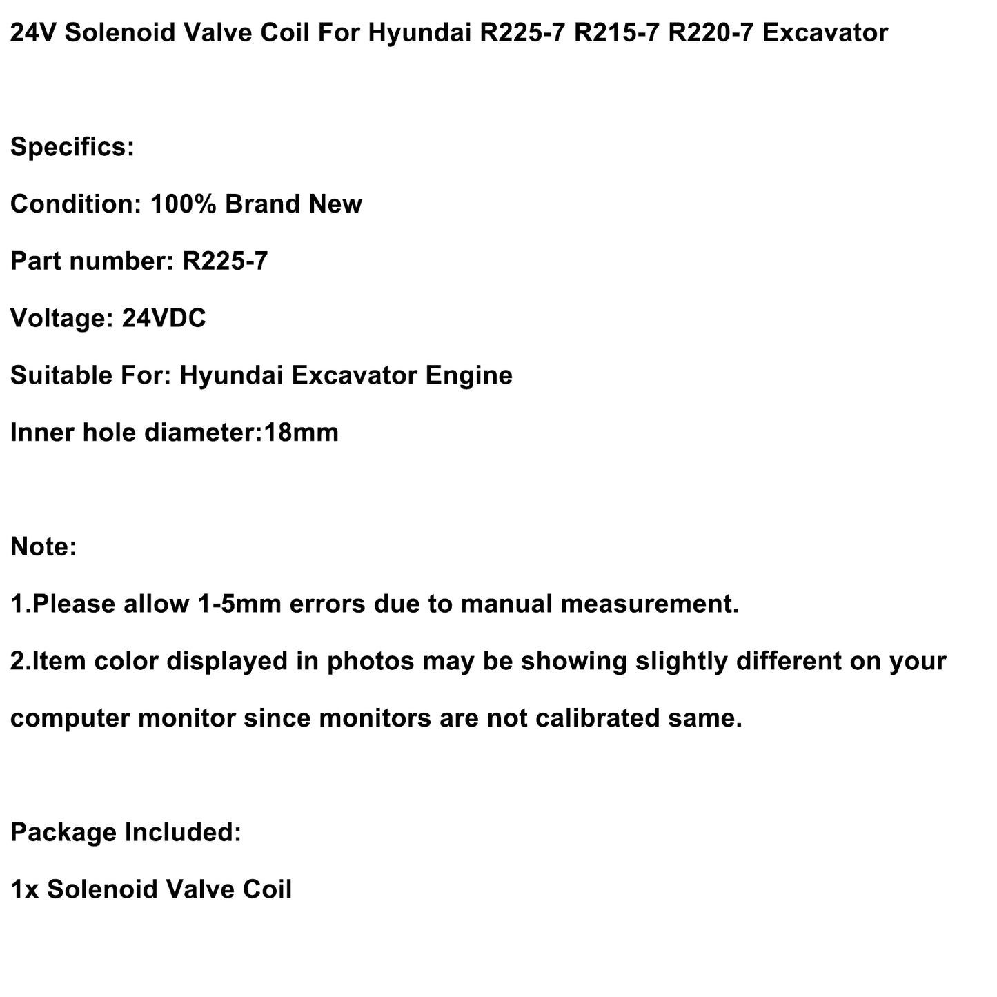 Solenoid Valve Coil 24V Fit For Hyundai R225-7 Excavator