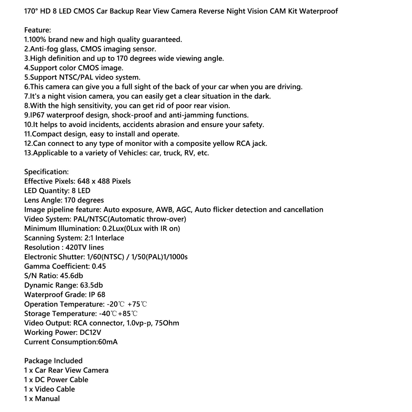 170° HD 8 LED CMOS Car Backup Rear View Reverse Camera Night View Kit Waterproof