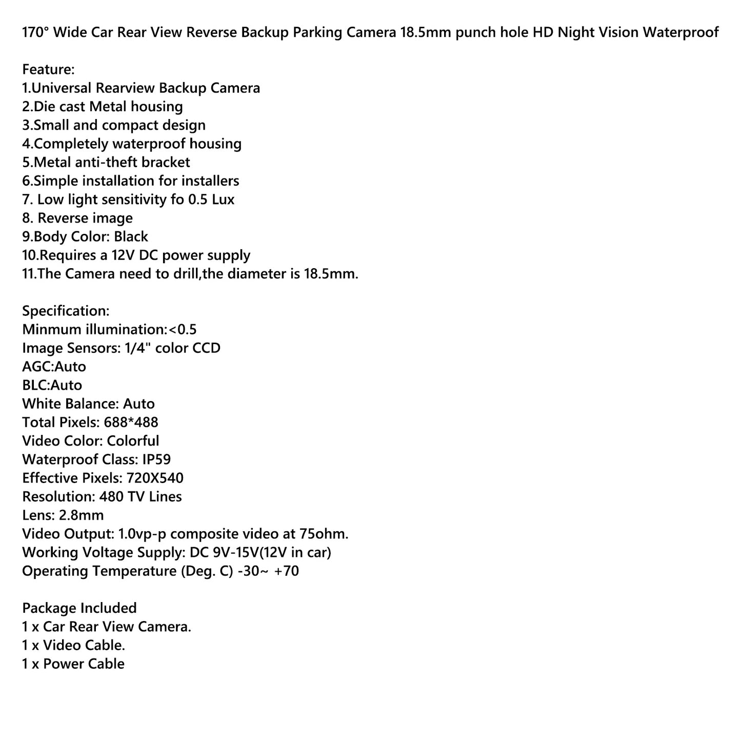 170¡ãWide Car Rear View Reverse Camera 18.5mm Punch Hole HD Night View Waterproof