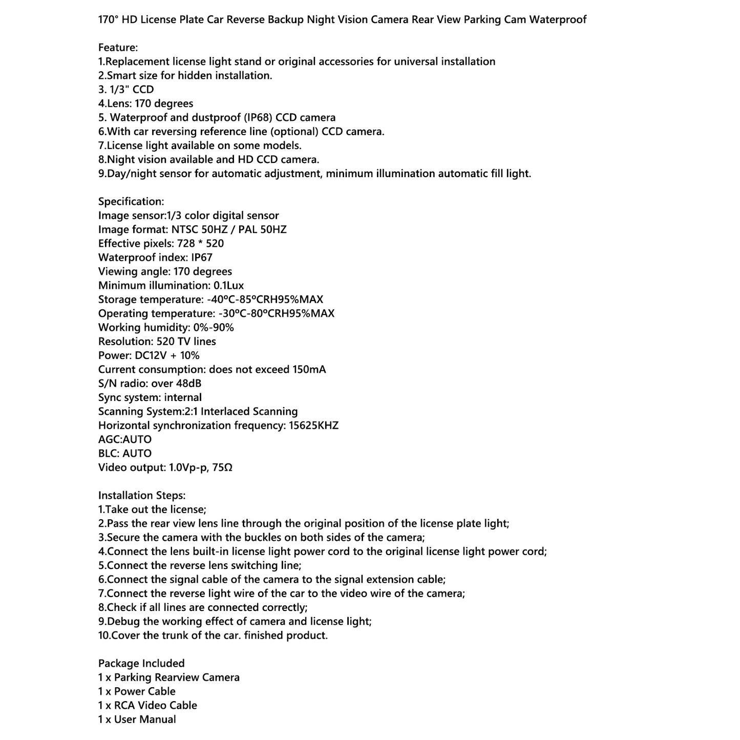 120°HD License Plate Car Rear View Reverse Backup Camera Night Vision Waterproof