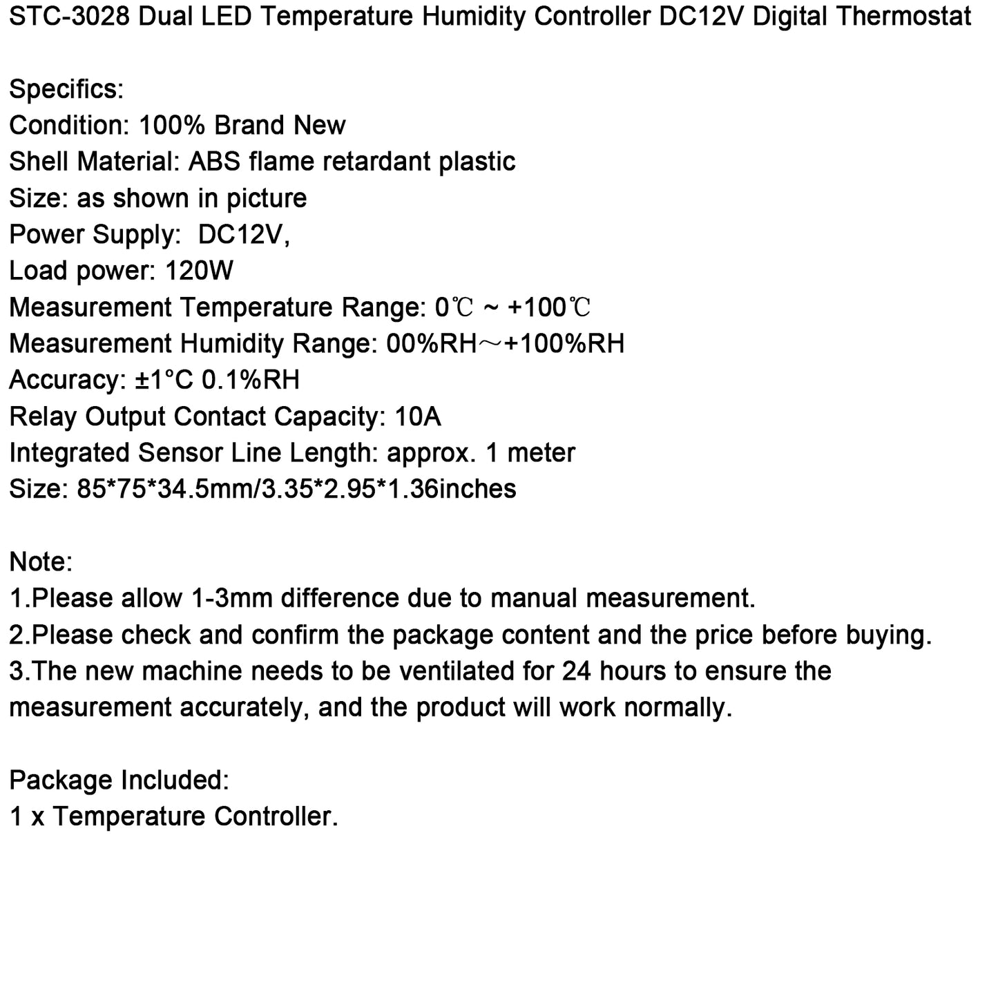 STC-3028 Dual Display Digital Temperature Humidity Controller Thermostat+Probe, DC12V