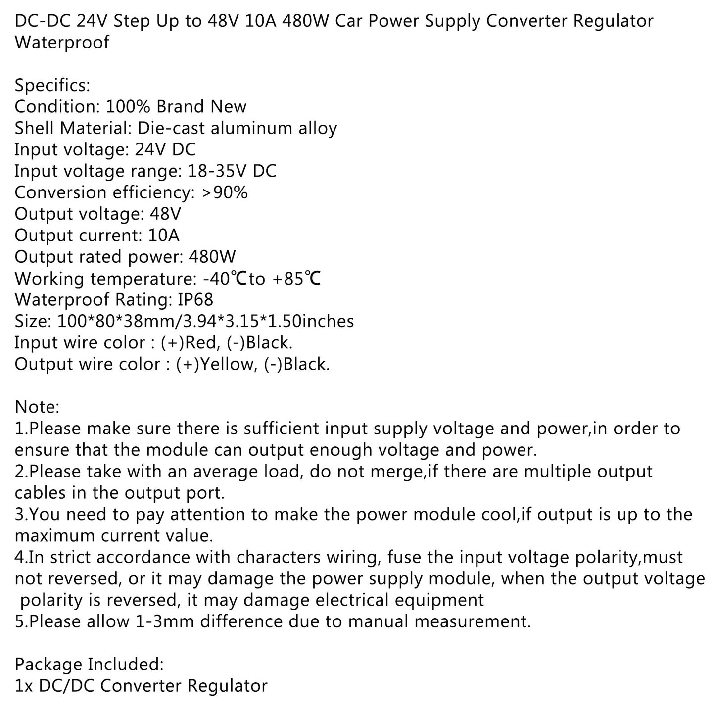 10A 480W Waterproof DC/DC Converter Power Supply Regulator 24V Step Up To 48V