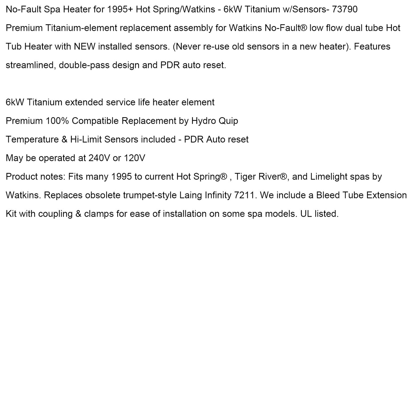 No-Fault Titanium Spa Heater for Hot Spring/Watkins/Caldera/Tiger River 73790-6KW