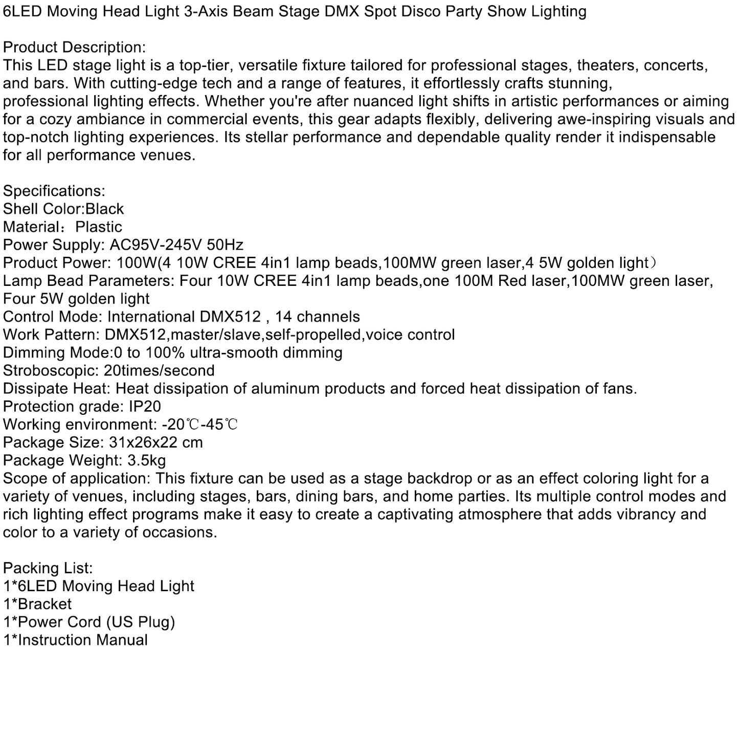 6 LED Moving Head Light – 3-Axis Beam DMX Stage Spot for DJ, Disco, Party & Show Lighting