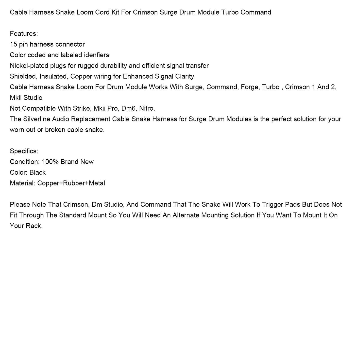 Cable Harness Snake Loom Cord Kit For Crimson Surge Drum Module Turbo Command