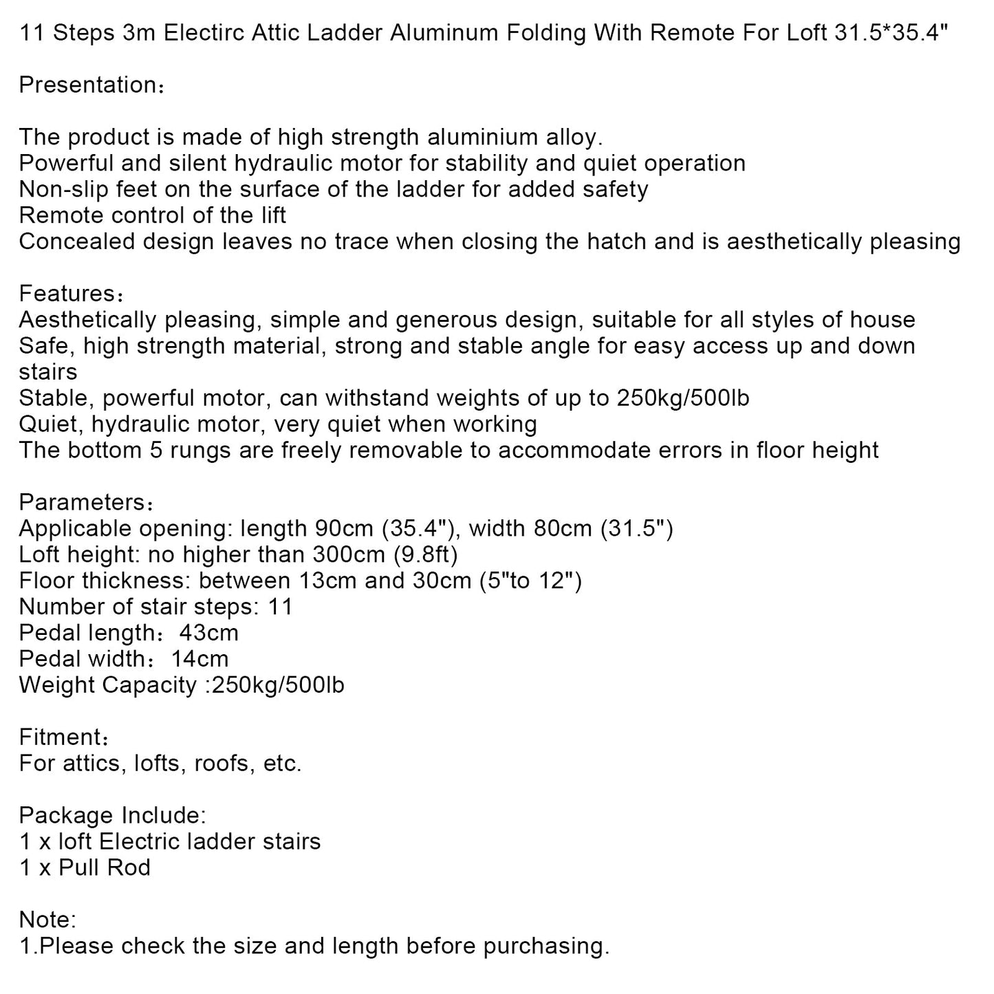 11 Steps 3m Electirc Attic Ladder Aluminum Folding With Remote Loft 31.5*35.4inch