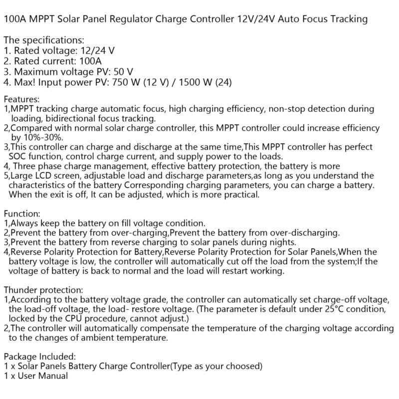 100A MPPT Solar Charge Controller 12V/24V Auto Detect Regulator with Dual USB Ports
