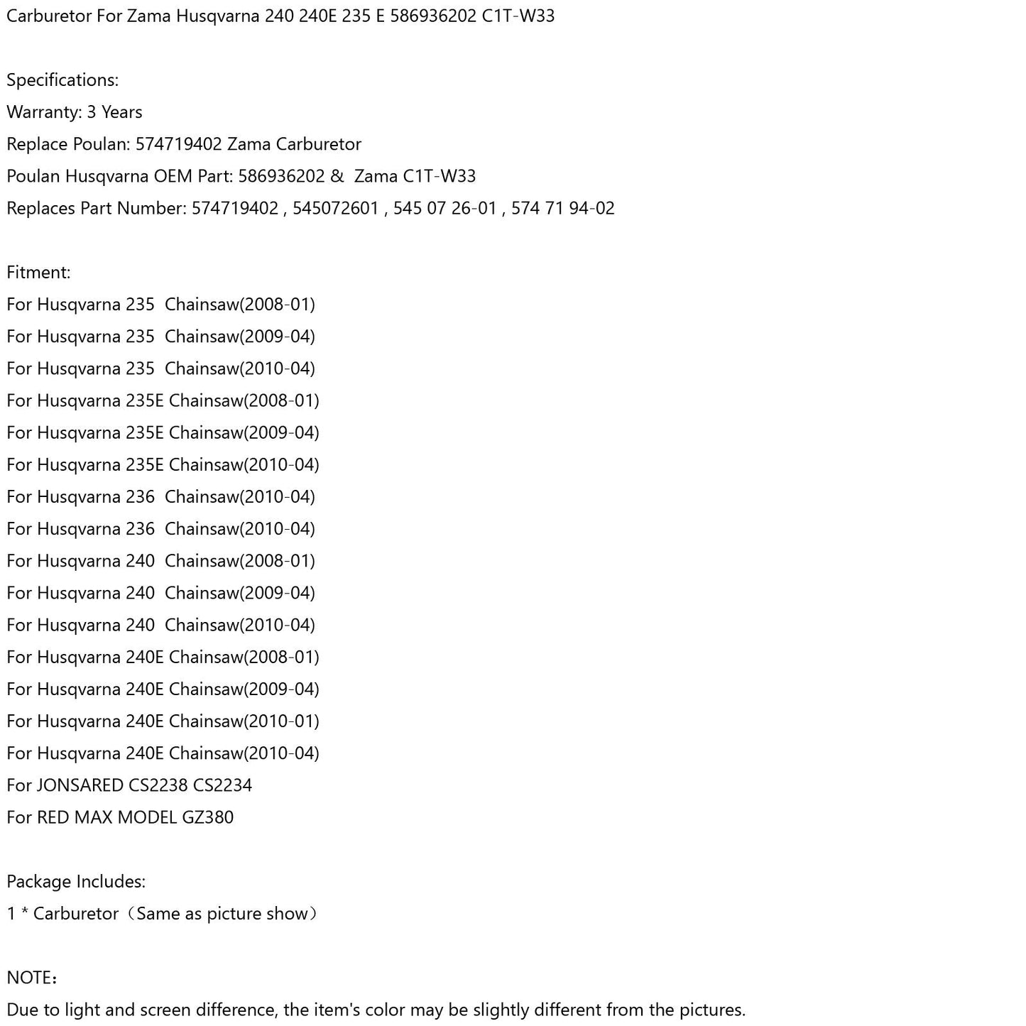 Carburetor for Zama C1Ta??W33 Fits Husqvarna 240 240E 235E 586936202 Chainsaw