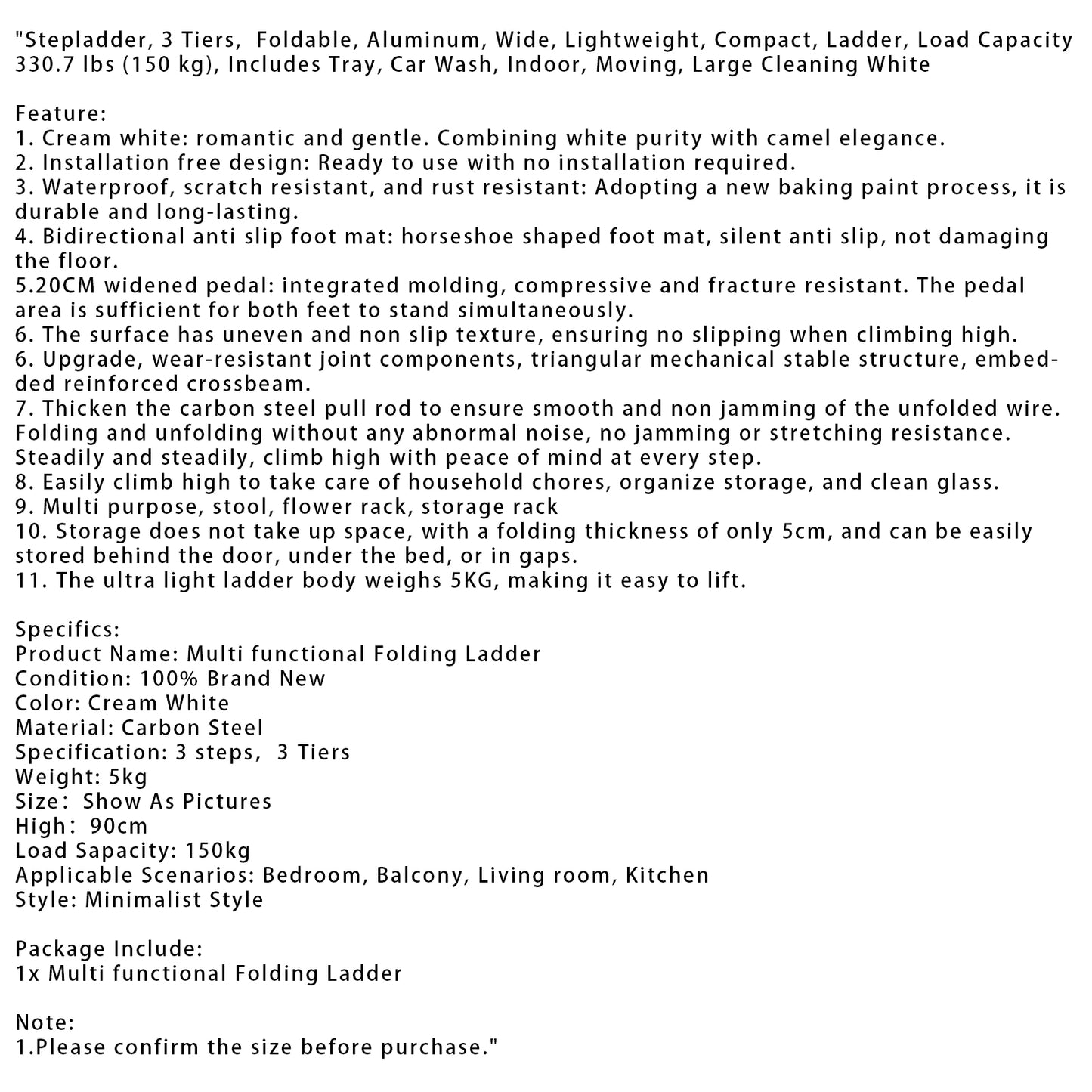 3-Step Folding Stepladder with Wide Anti-Slip Pedals, 330 lbs Capacity Lightweight Step Stool for Home & Kitchen (Cream White)