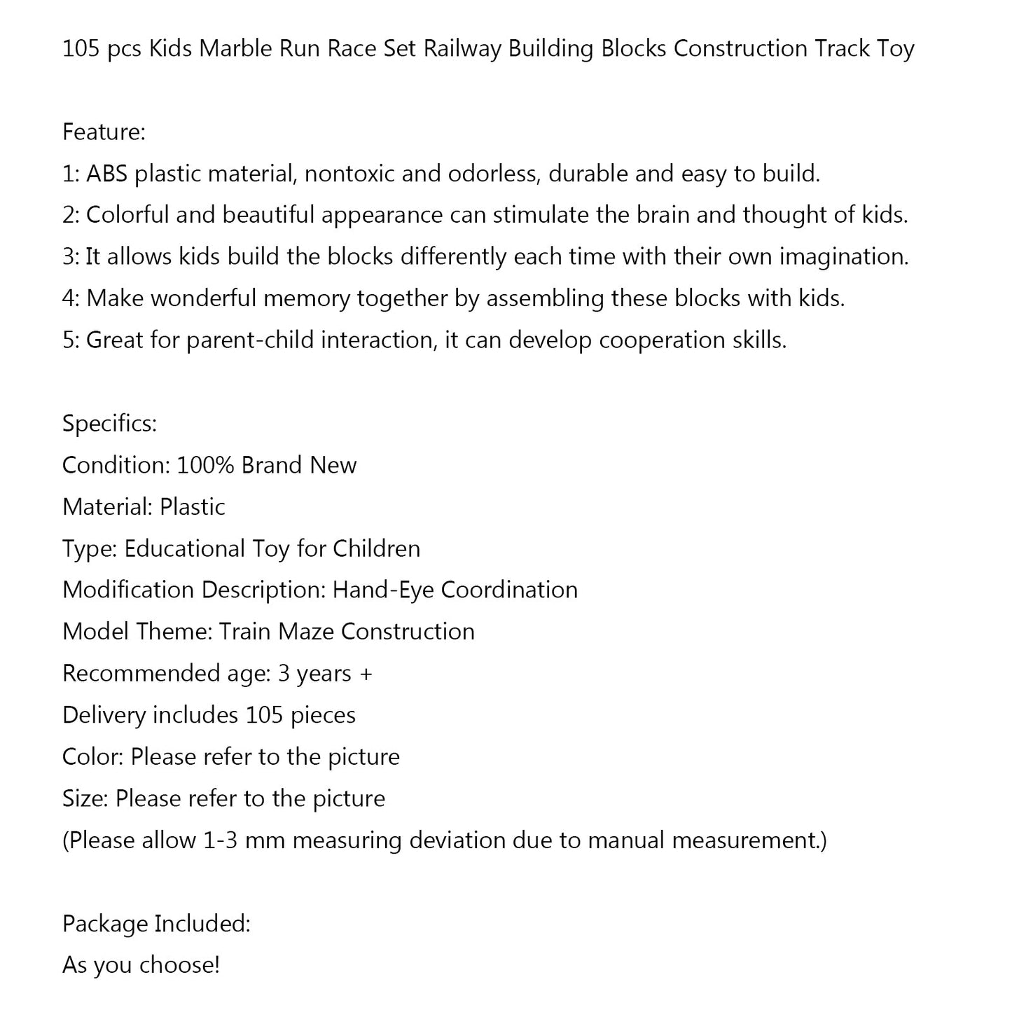 105pcs Kids Marble Run Race Set Railway Building Blocks Construction Track Toy