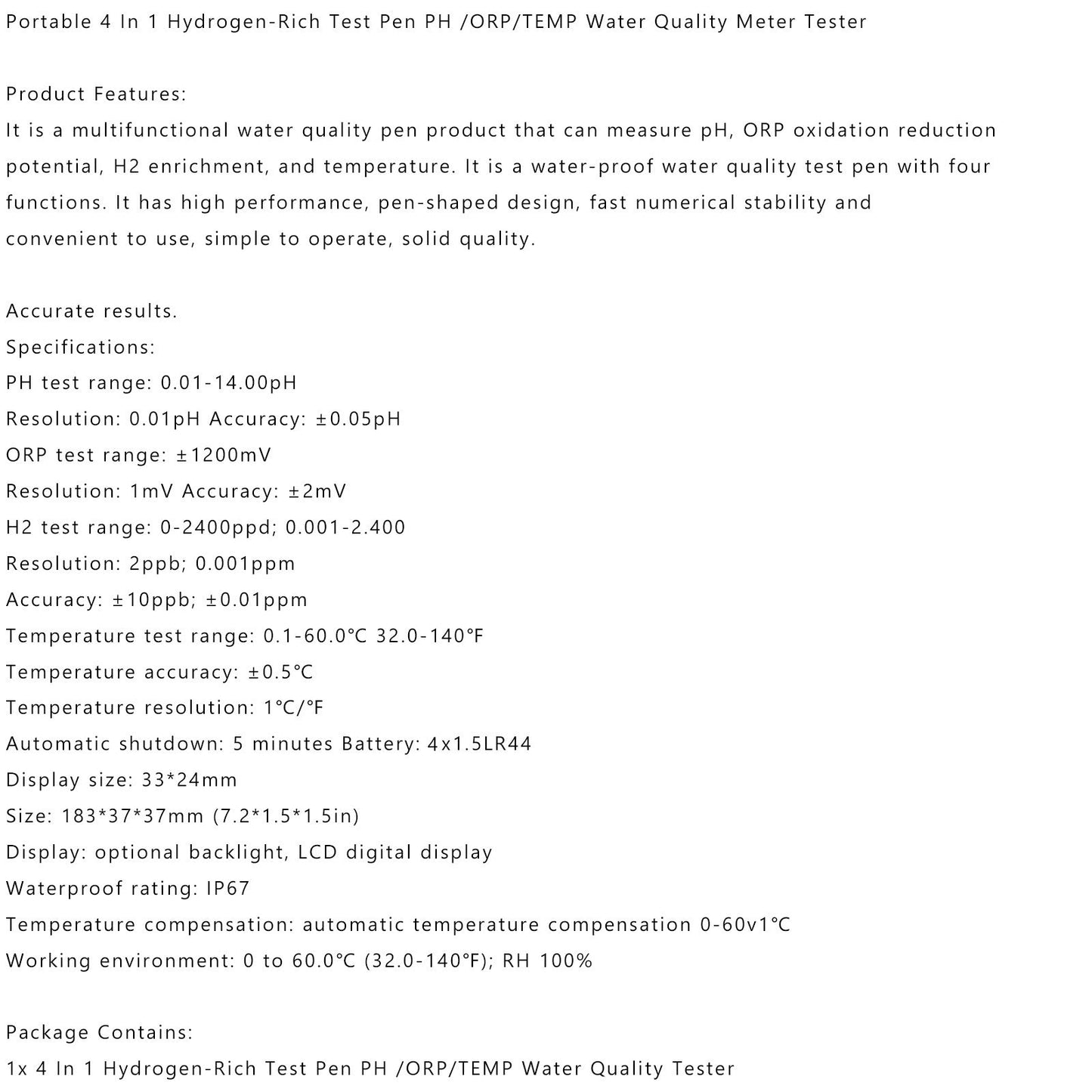 Digital Hydrogen Water Tester, 4-in-1 Meter for H2, pH, ORP & Temperature for Bottles & Generators