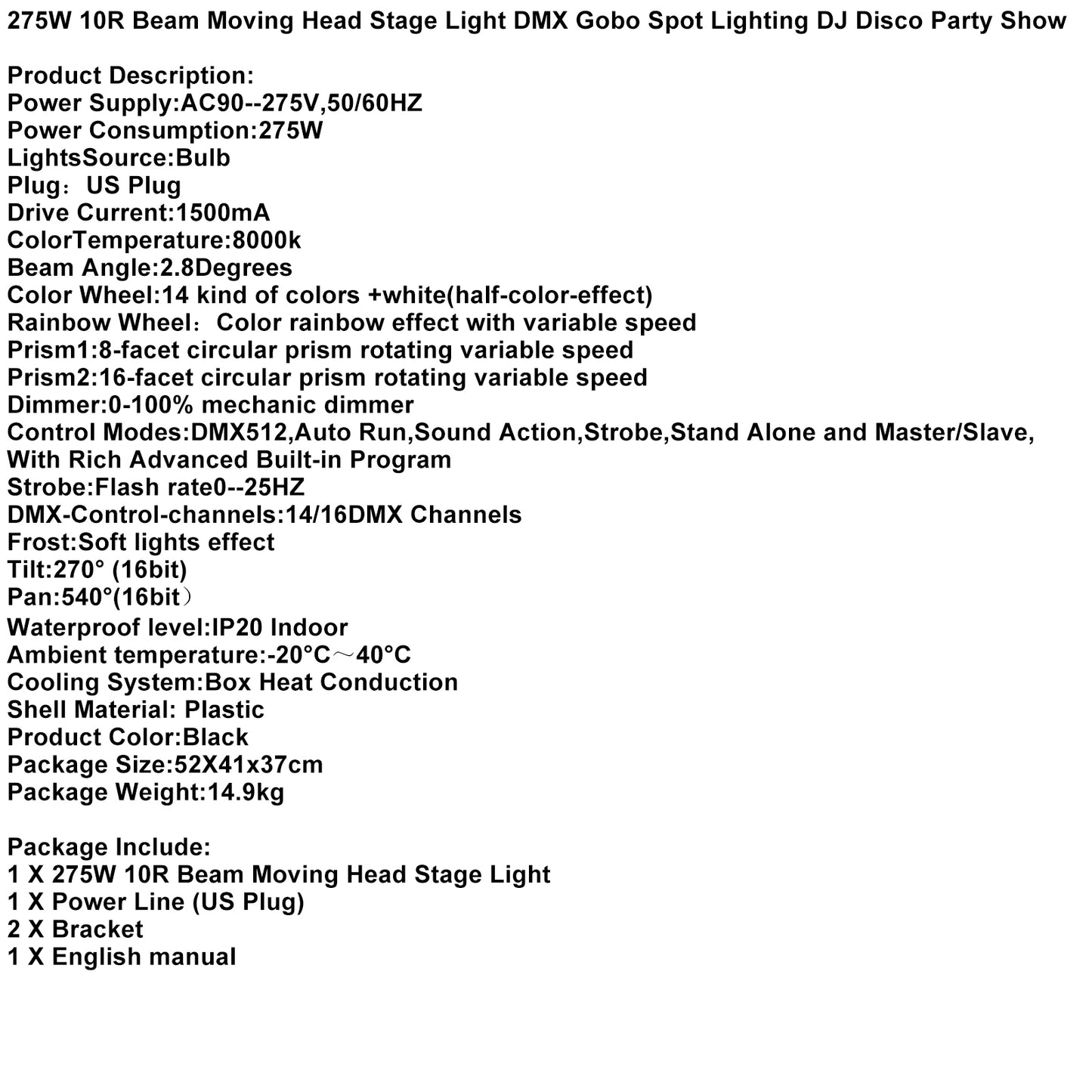 10R 275W Sharpy Beam Moving Head Light with Dual 8+16 Facet Prisms, Frost & Color Wheel, DMX for Stage & DJ