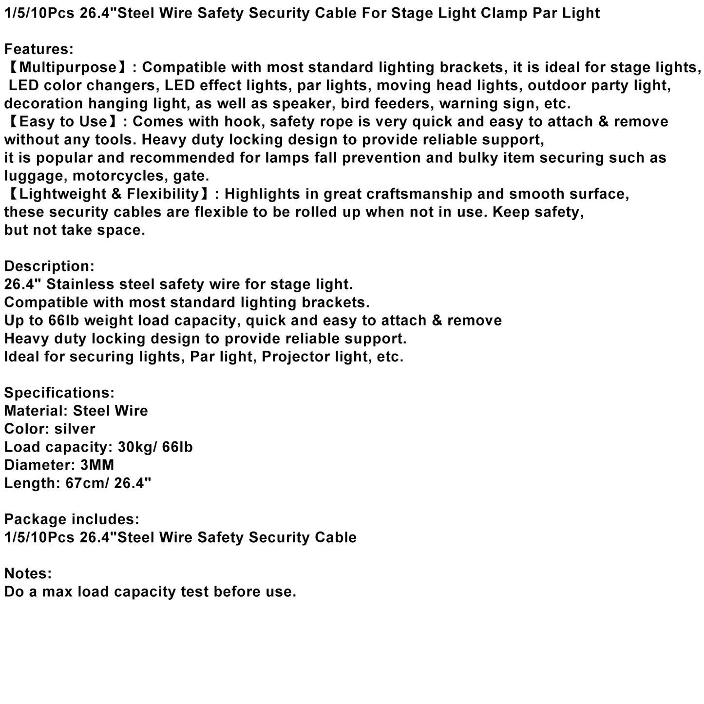 1/5/10Pcs 26.4"Steel Wire Safety Security Cable For Stage Light Clamp Par Light