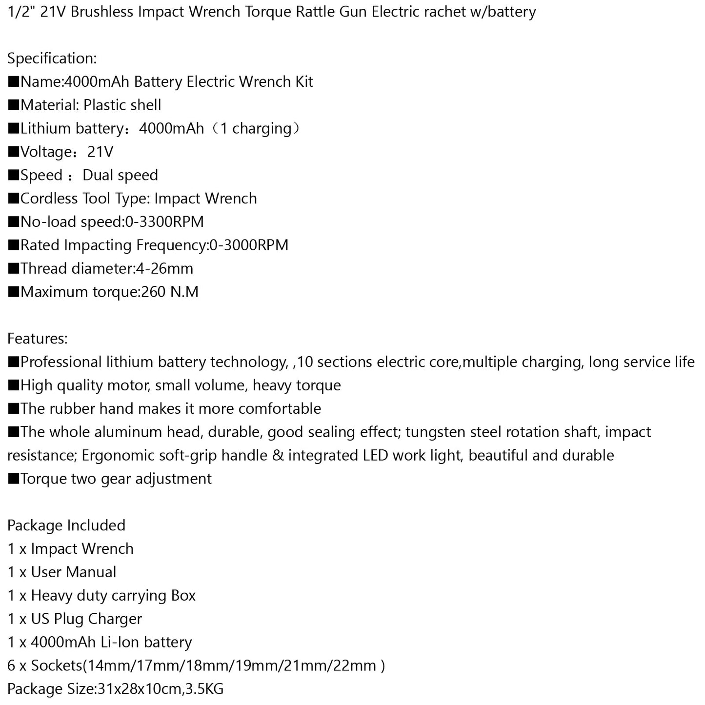 1/2 21V Brushless Impact Wrench Torque Rattle Gun Electric Ratchet w/battery