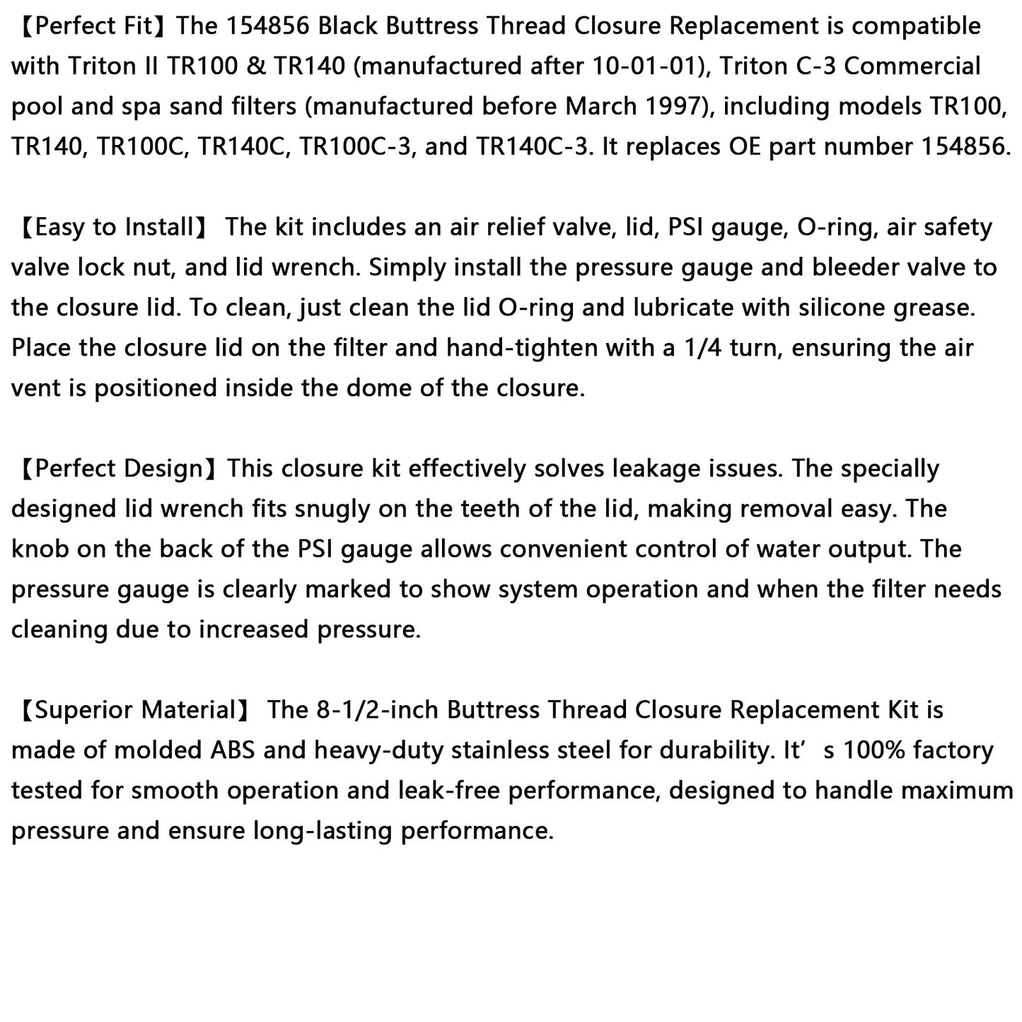 154856 8-1/2inch Black Buttress Thread Closure Kit for Triton Pool & Spa Filter