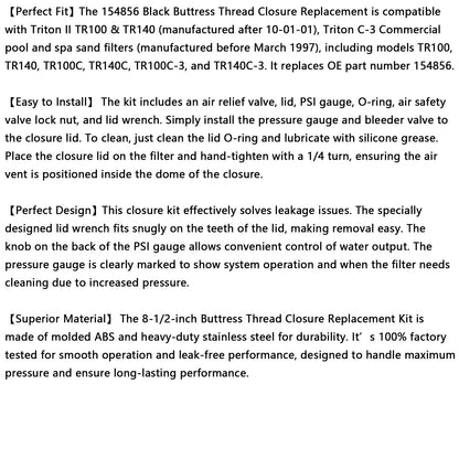 154856 8-1/2inch Black Buttress Thread Closure Kit for Triton Pool & Spa Filter