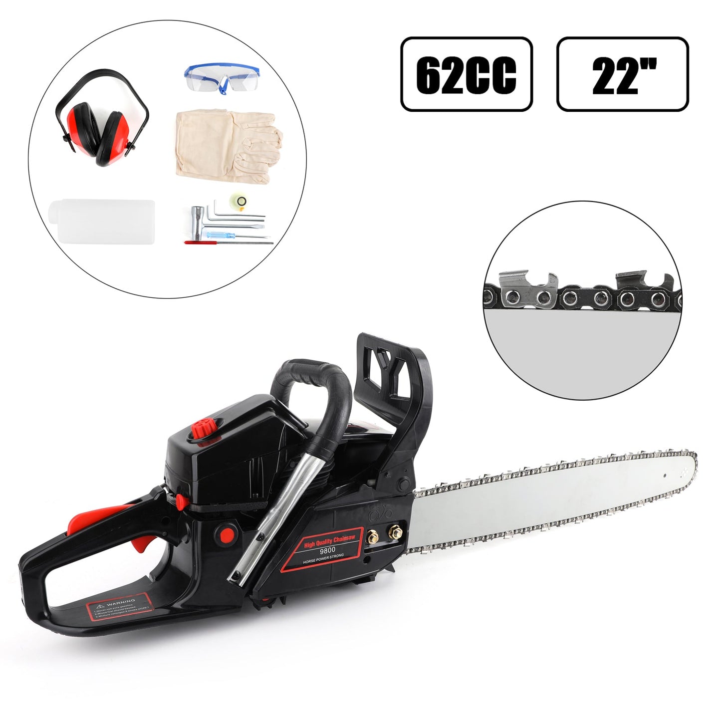 22inch Bar 62cc Chainsaw Powered Engine Gasoline Chain Saw Red & Black