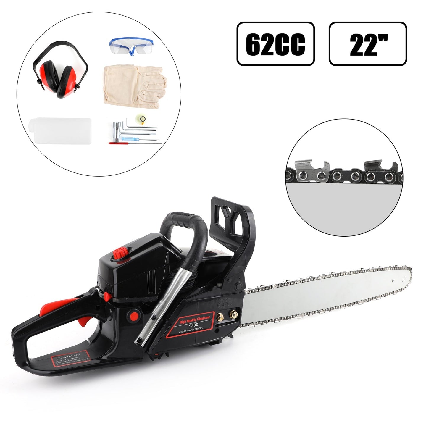62CC Gas Chainsaw 22-Inch Bar, 2-Stroke Petrol Chain Saw for Wood Cutting
