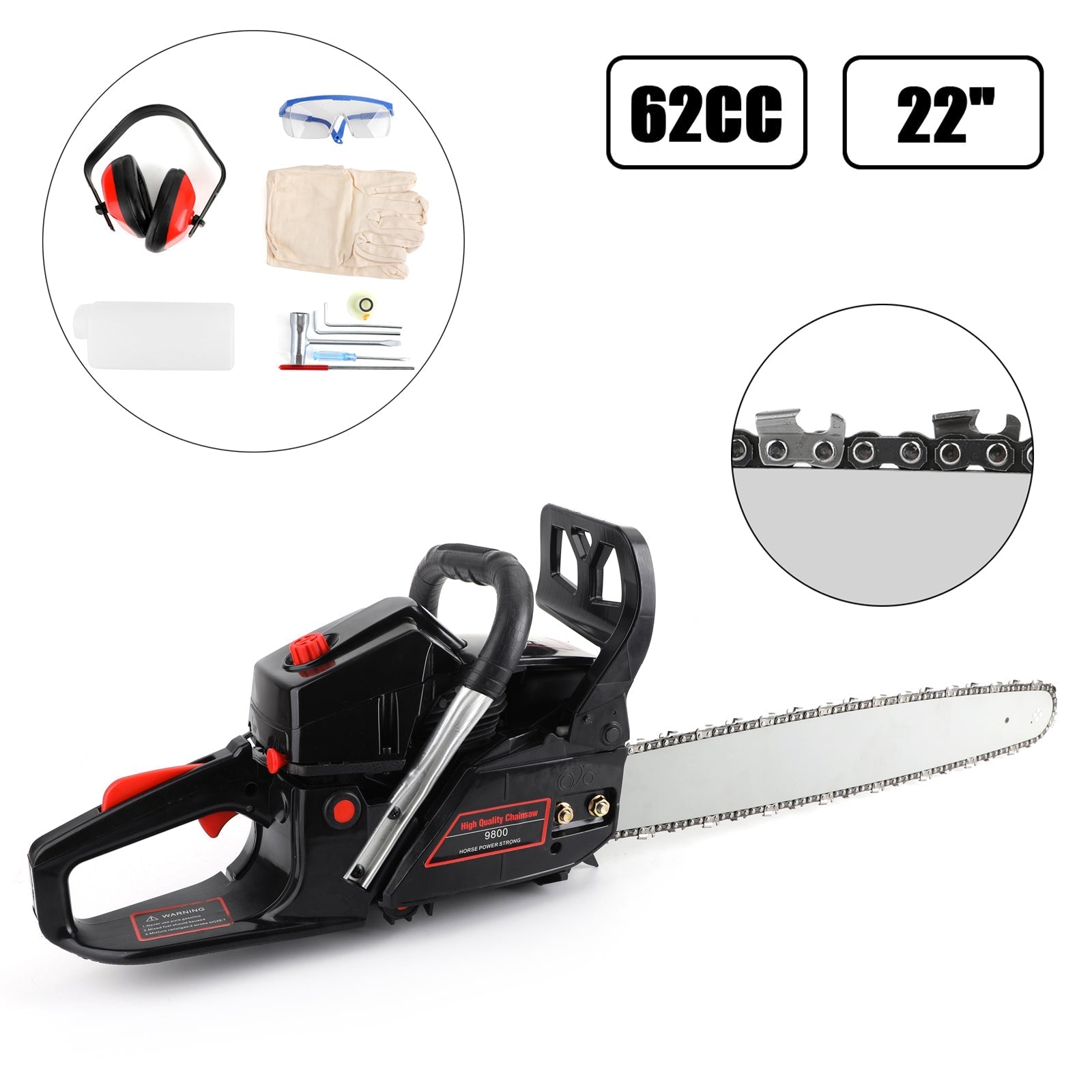 62CC Gas Chainsaw 22-Inch Bar, 2-Stroke Petrol Chain Saw for Wood Cutting
