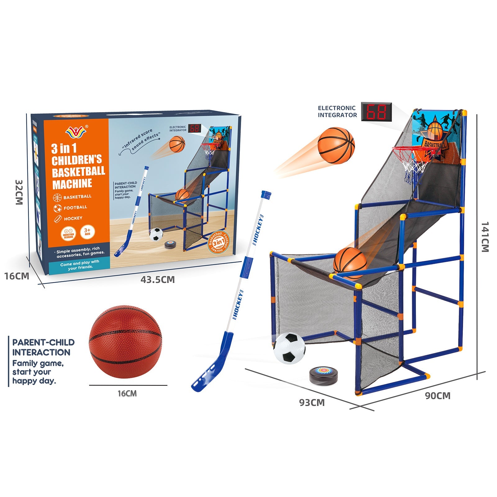 3In1 Scoring Basketball Stand Football Hockey Toy Gift Set For 3+ Years Kids
