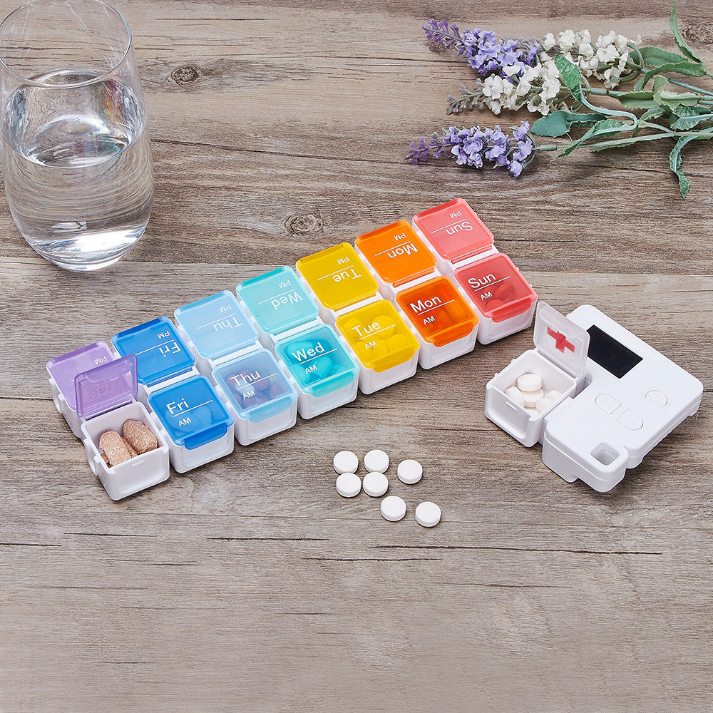 14-Compartment Pill Organizer with 4 Daily Reminder Alarms