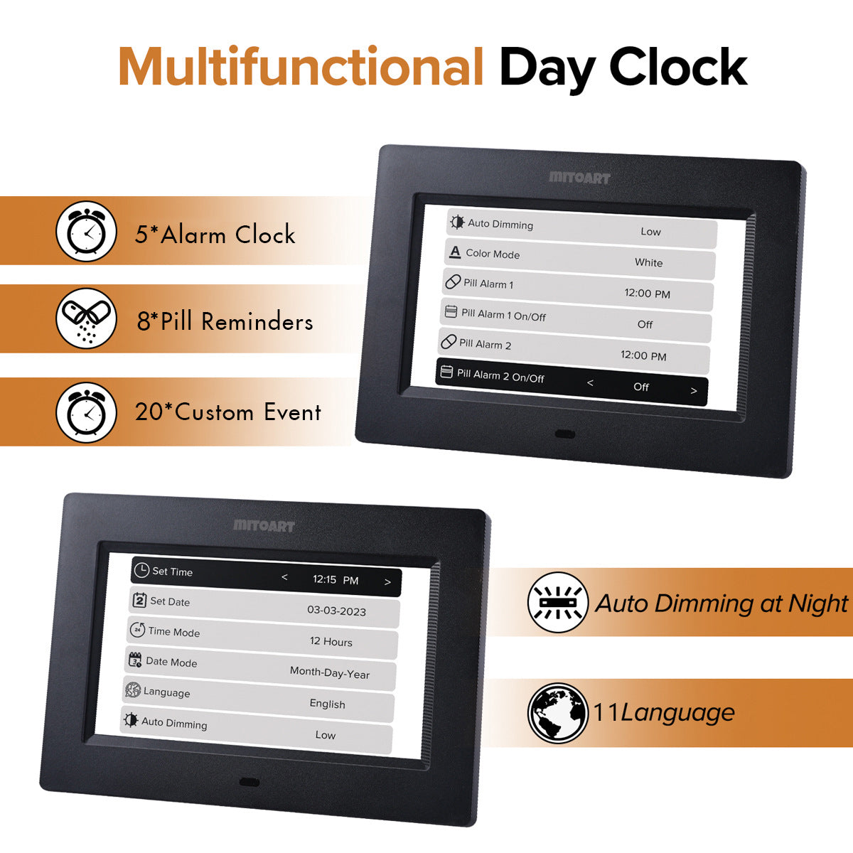 Large Digital Calendar Clock for Seniors with Date, Day & 12 Alarms