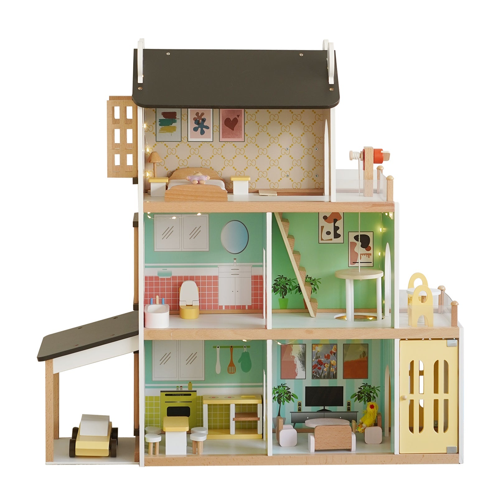3Story Wooden Lighting Doll House With Balcony 20 Accessories Toy For 3+Year Kid