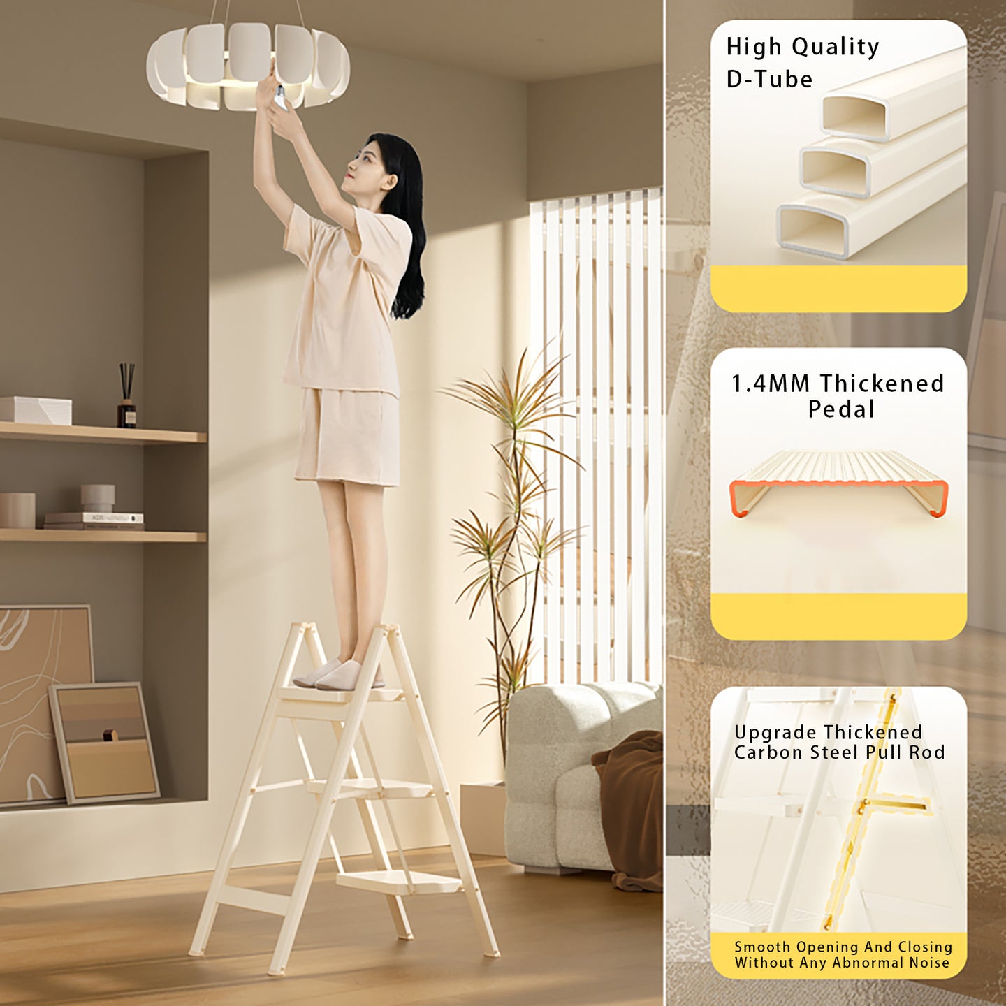 3-Step Folding Stepladder with Wide Anti-Slip Pedals, 330 lbs Capacity Lightweight Step Stool for Home & Kitchen (Cream White)