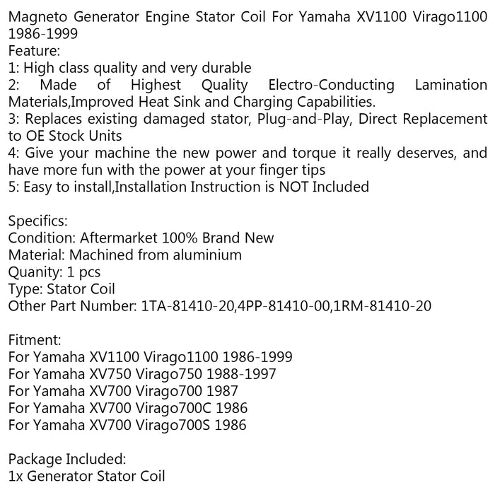 1986-1999 Yamaha XV1100 Virago1100 XV750 Virago750 Generator Stator Coil