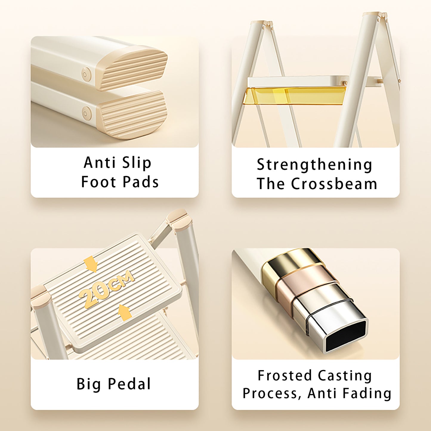 3-Step Folding Stepladder with Wide Anti-Slip Pedals, 330 lbs Capacity Lightweight Step Stool for Home & Kitchen (Cream White)