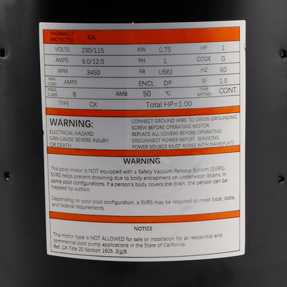 B228SE Pool Pump Motor 1 HP 3450 RPM Pool Motor 6.0/12.0 Amp